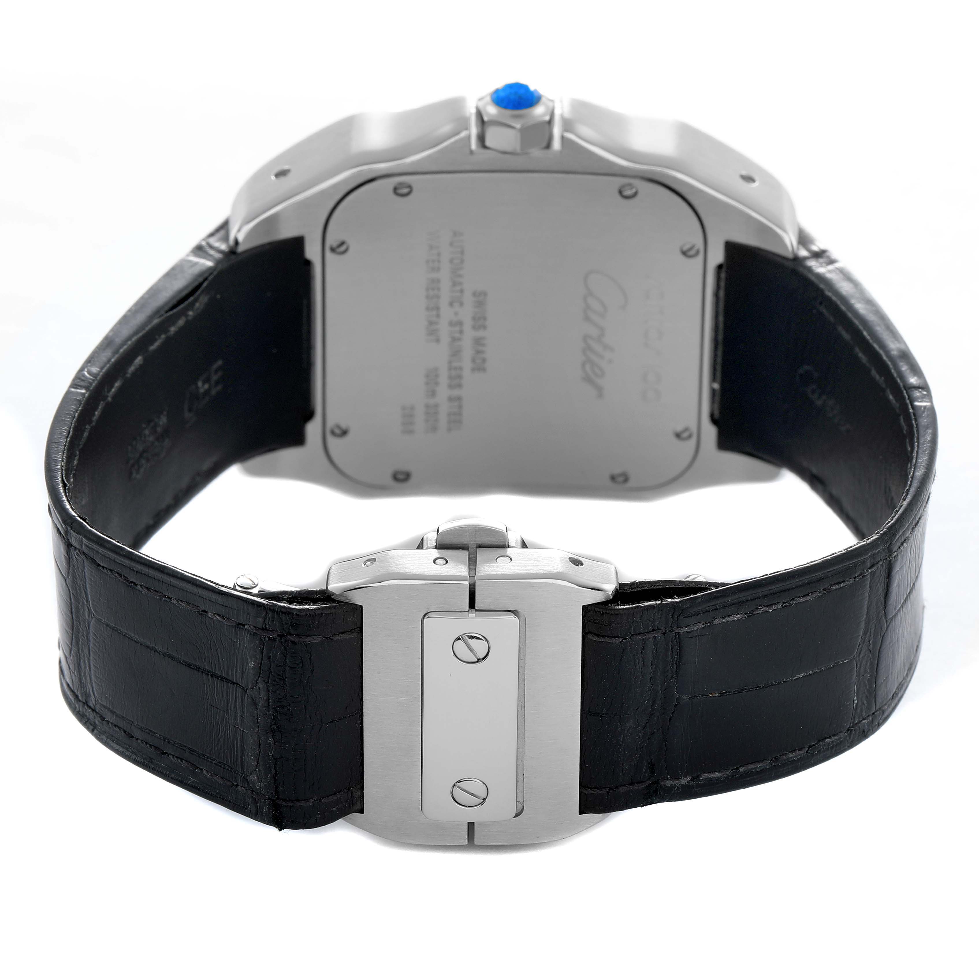 The image shows the back of a Cartier Santos W20073X8 Men's Stainless Steel Silver Dial watch featuring the case back, clasp, and leather strap, viewed from a rear angle.