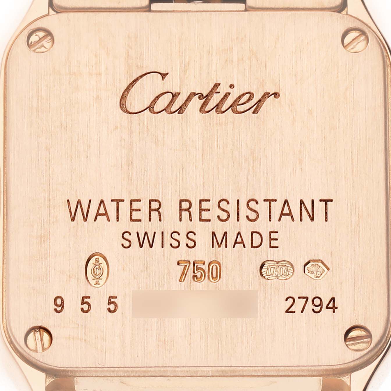 The image shows the back case of the Cartier Santos Demoiselle WF9011Z8 Women's Rose Gold Silver Dial watch, highlighting engravings and markings.