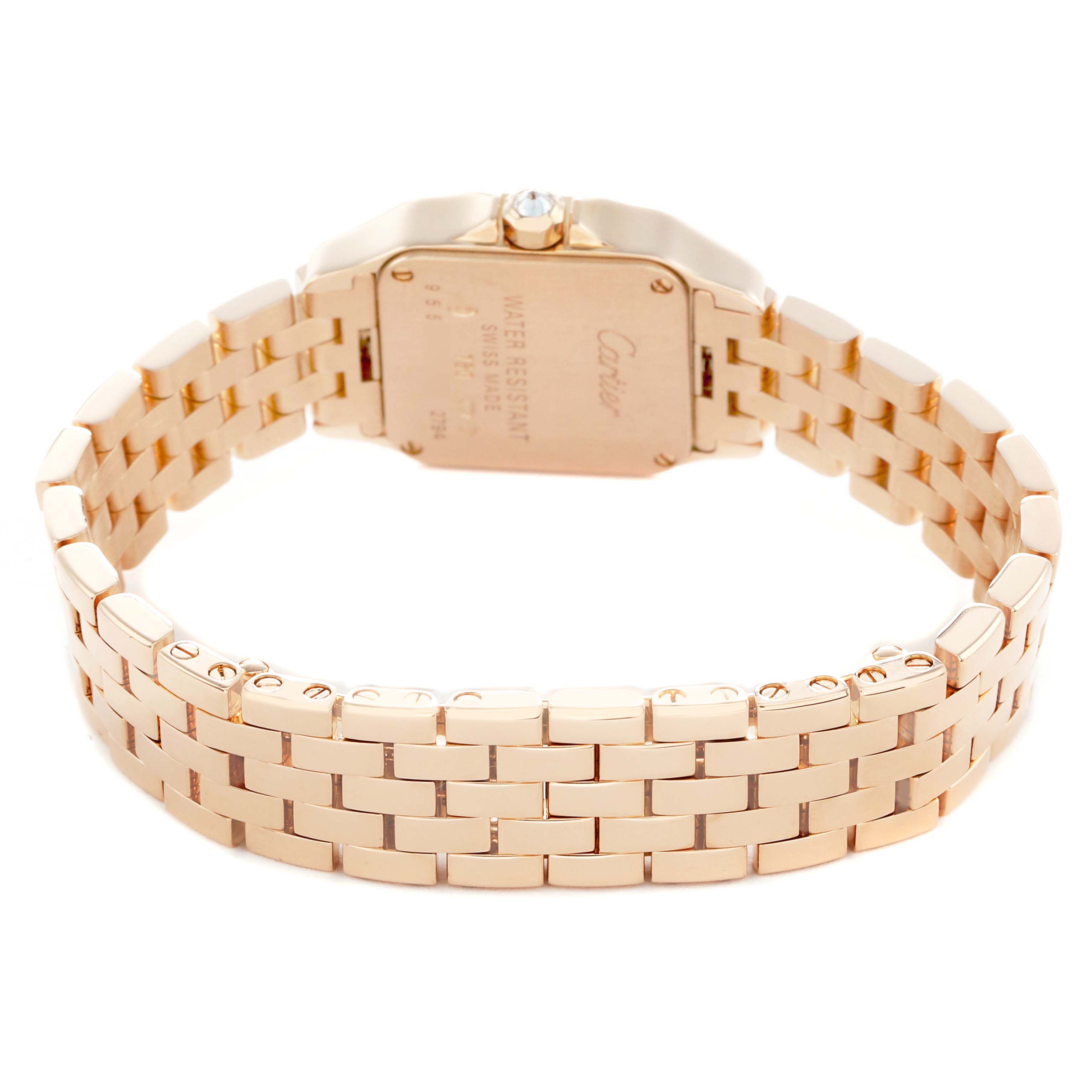 The Cartier Santos Demoiselle WF9011Z8 Women's Rose Gold Silver Dial watch is shown from the back, highlighting the bracelet and case back.