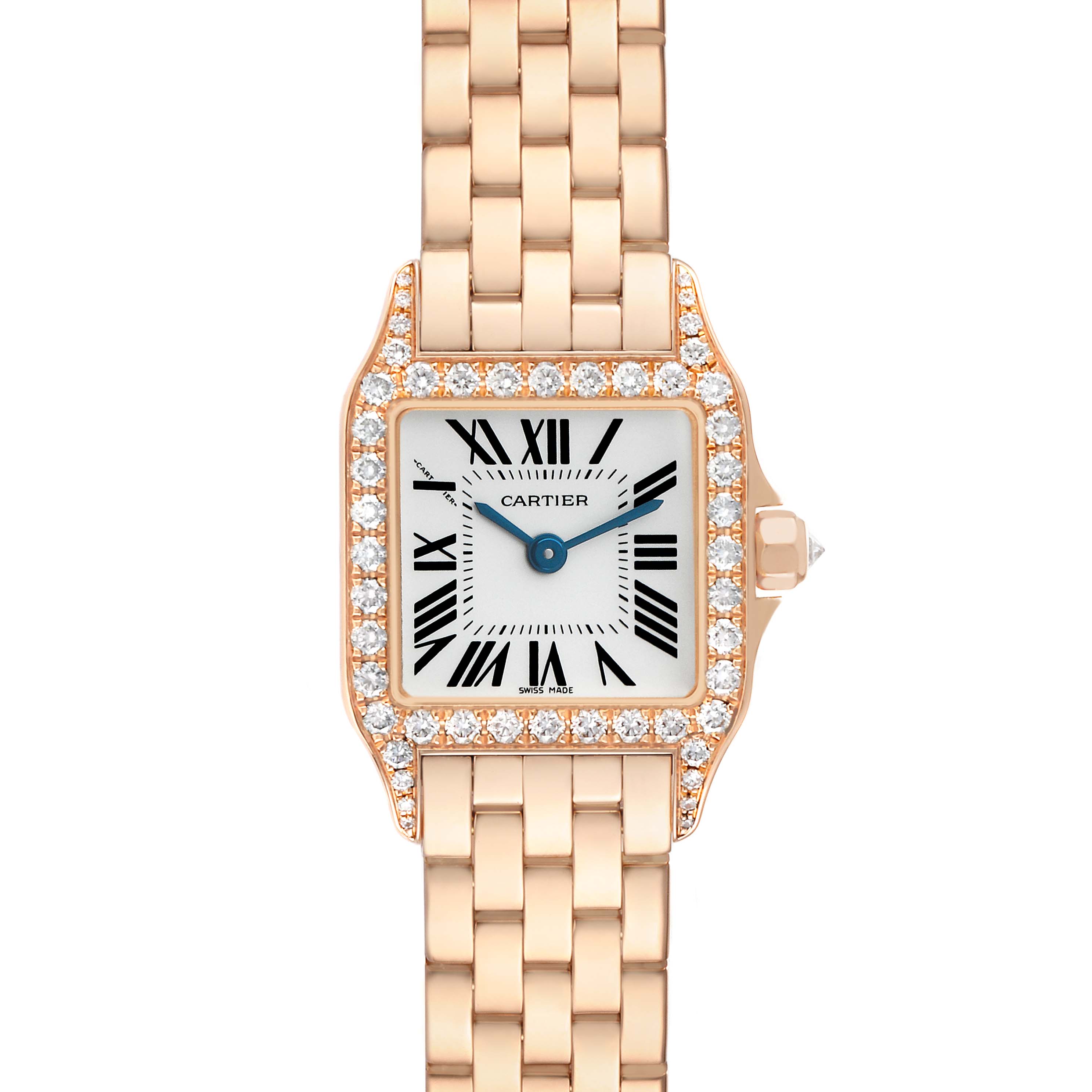 The image shows a frontal view of the Cartier Santos Demoiselle WF9011Z8 Women's Rose Gold Silver Dial watch, highlighting its diamond-set bezel and linked bracelet.