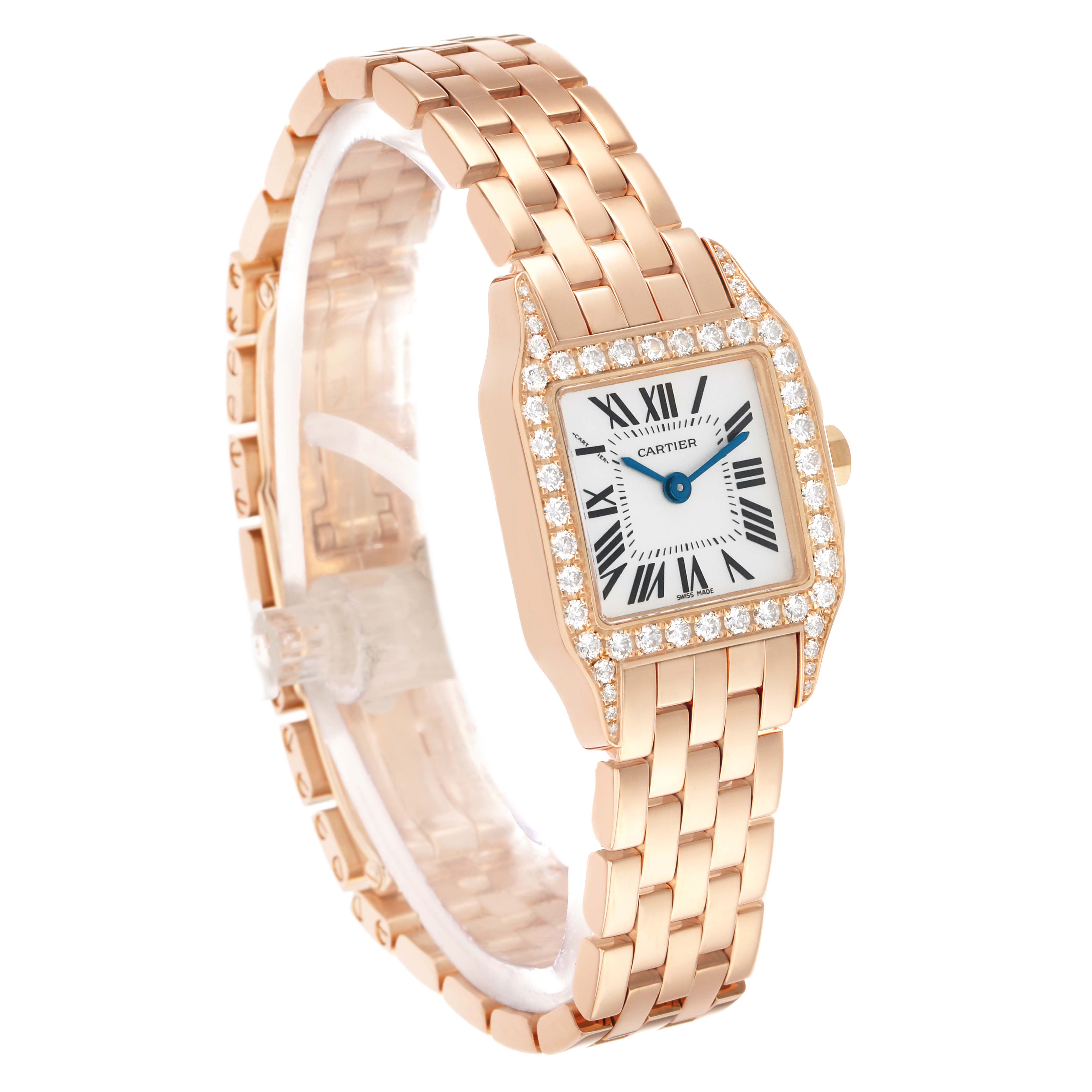 The Cartier Santos Demoiselle WF9011Z8 Women's Rose Gold Silver Dial watch is shown at a slight angle, highlighting the face, diamond bezel, and bracelet.