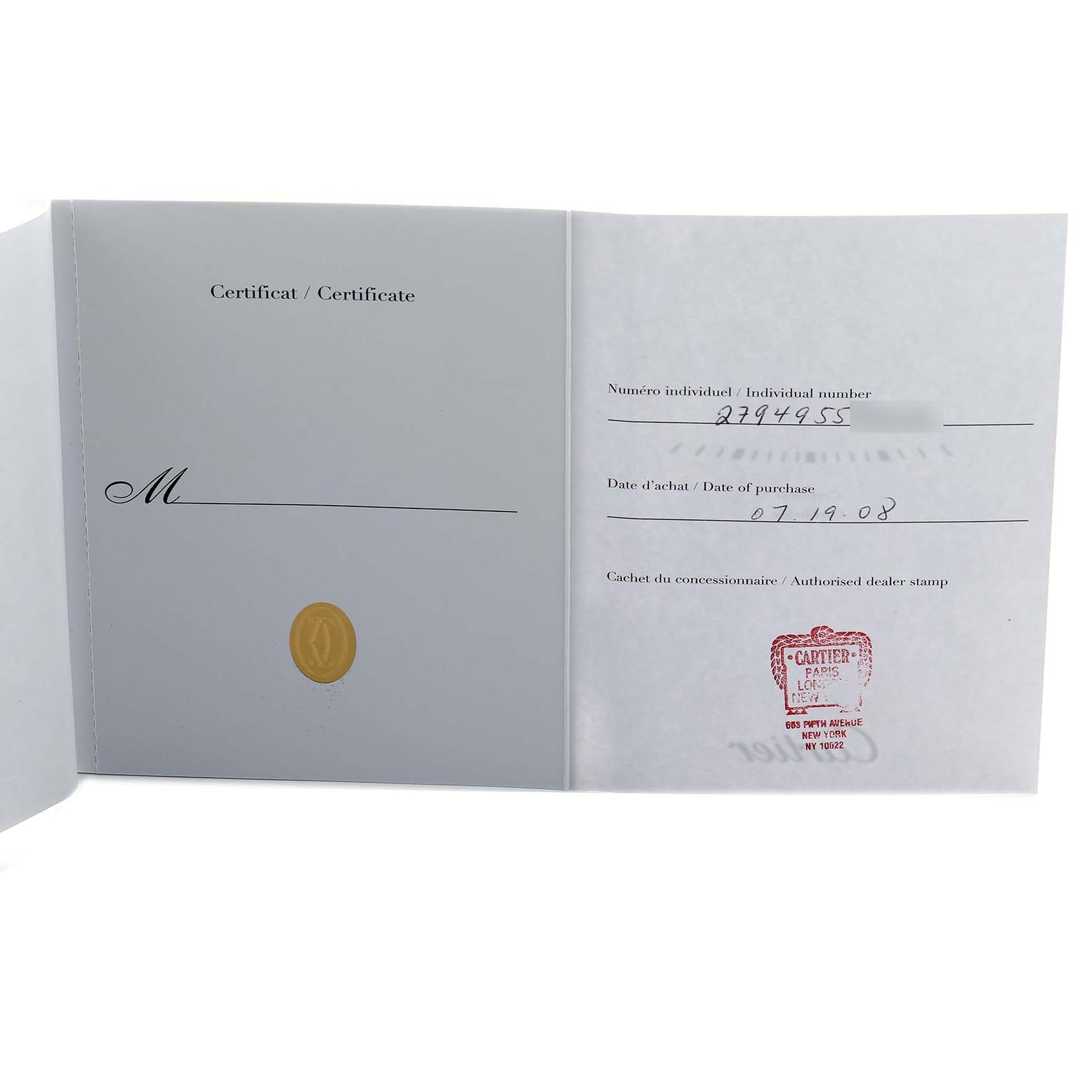 The image shows a certificate of authenticity for the Santos Demoiselle model by Cartier, displaying individual number and purchase date.