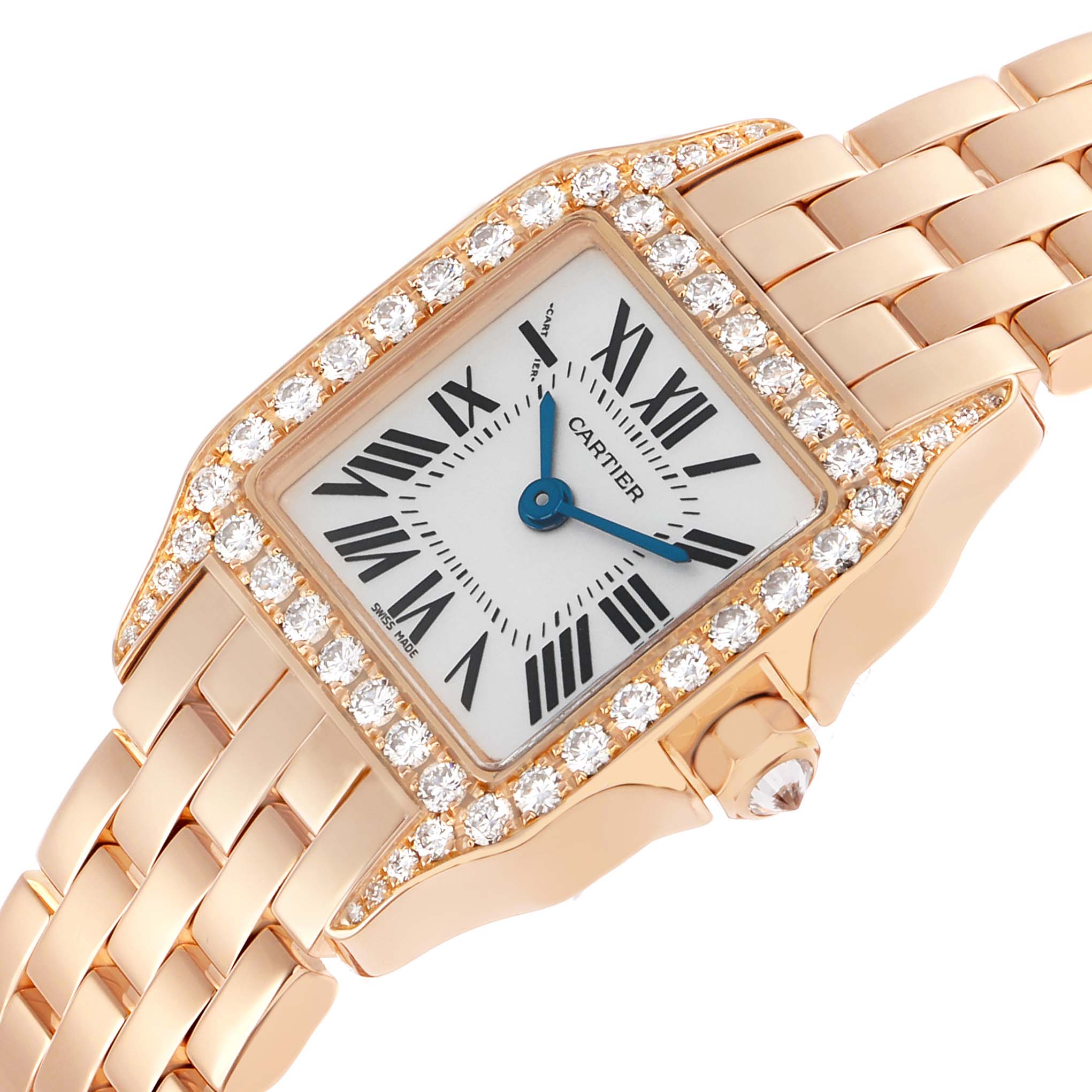 The Cartier Santos Demoiselle WF9011Z8 Women's Rose Gold Silver Dial watch is angled showcasing its rectangular face, Roman numerals, diamond bezel, and gold bracelet.