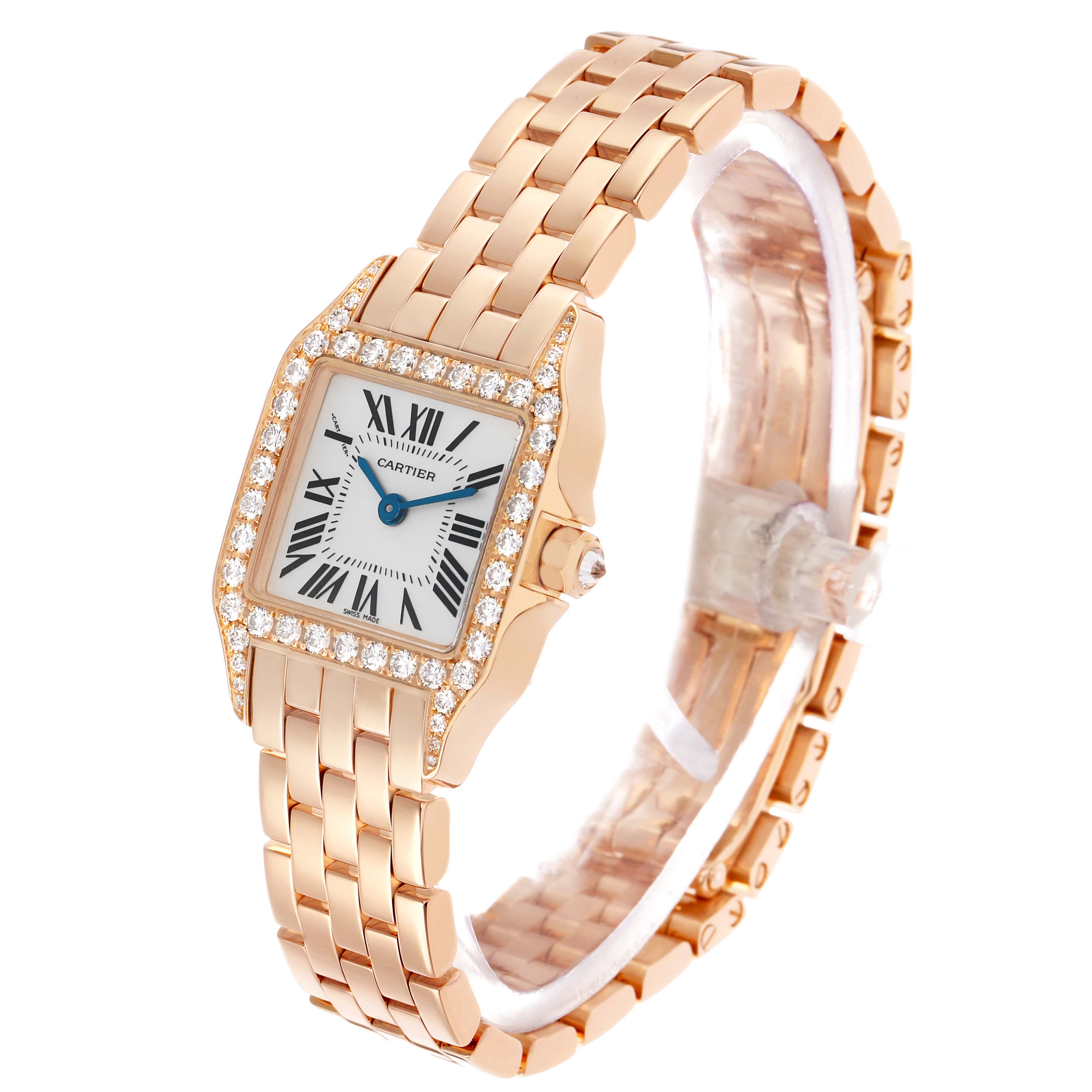 The Cartier Santos Demoiselle WF9011Z8 Women's Rose Gold Silver Dial watch is shown at a three-quarter angle, highlighting the bracelet, diamond bezel, and dial.