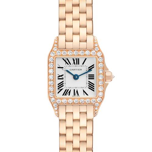 The Cartier Santos Demoiselle WF9011Z8 Women's Rose Gold Silver Dial watch is shown from the front, highlighting the diamond-studded bezel, Roman numerals, and linked bracelet.