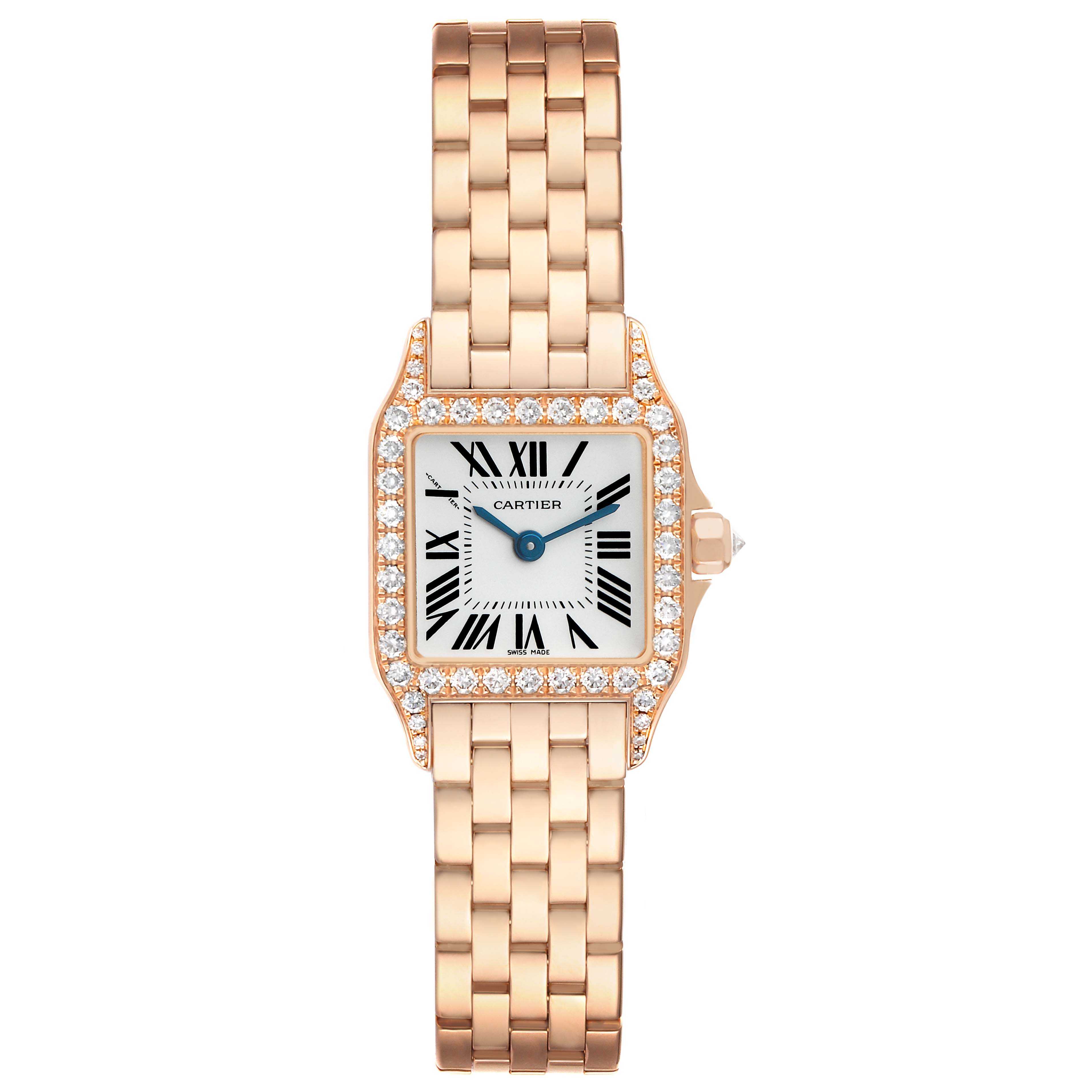 The Cartier Santos Demoiselle WF9011Z8 Women's Rose Gold Silver Dial watch is shown from a top view, highlighting its square face, diamond bezel, and gold bracelet.