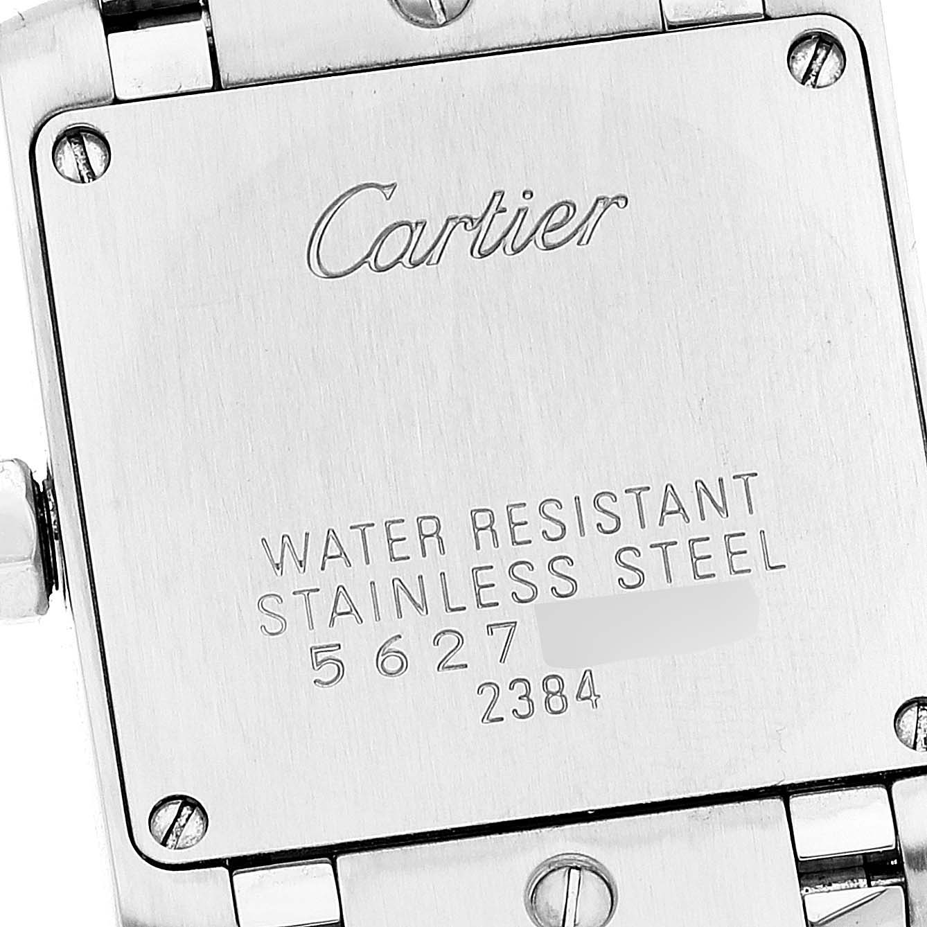 This image shows the back case of a Cartier Tank Francaise W51008Q3 Women's Stainless Steel Silver Dial W51008Q3 Women's Stainless Steel Silver Dial watch, highlighting its water resistance and stainless steel features.