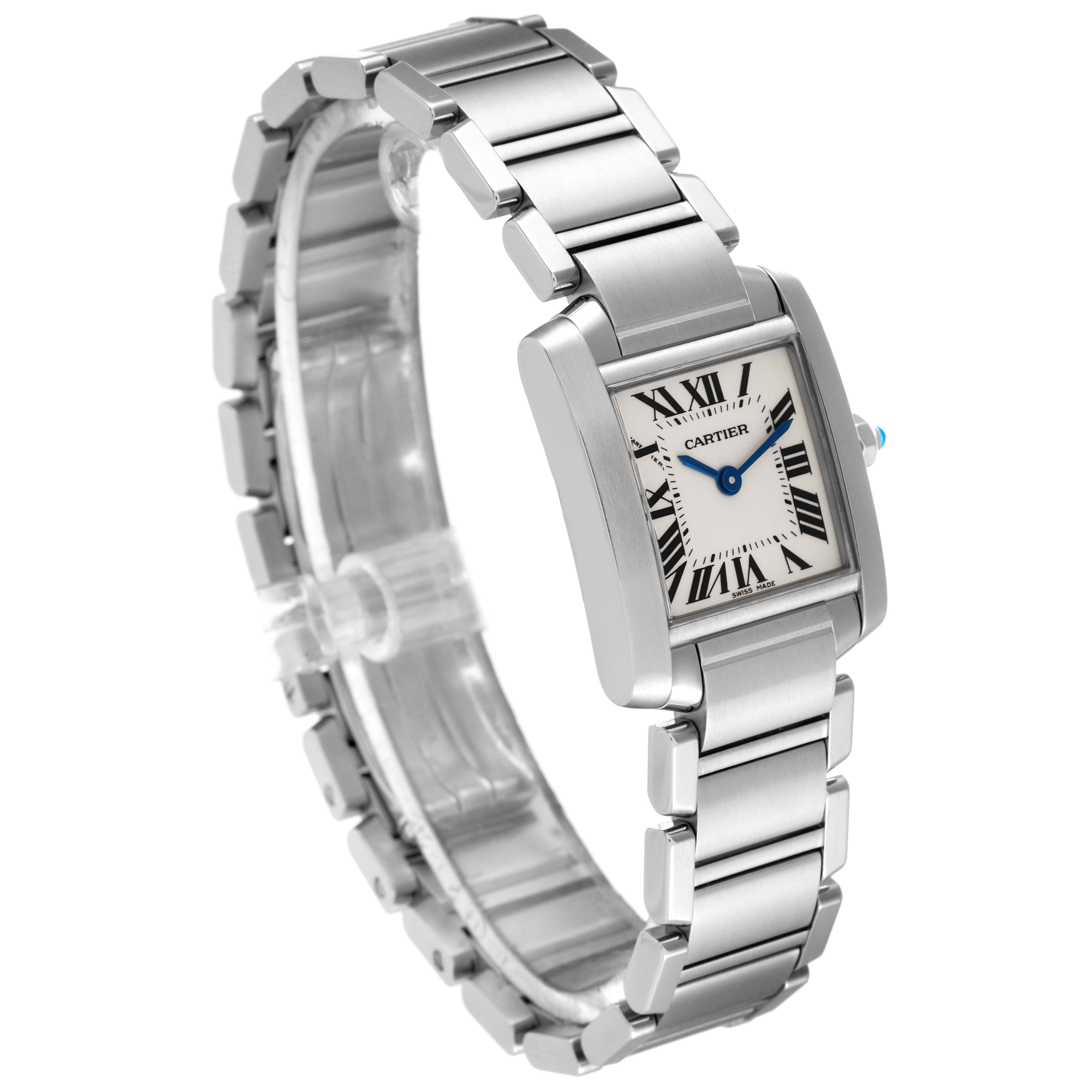 The image shows a Cartier Tank Francaise W51008Q3 Women's Stainless Steel Silver Dial W51008Q3 Women's Stainless Steel Silver Dial watch from an angled top view, highlighting its bracelet and rectangular face with Roman numerals.