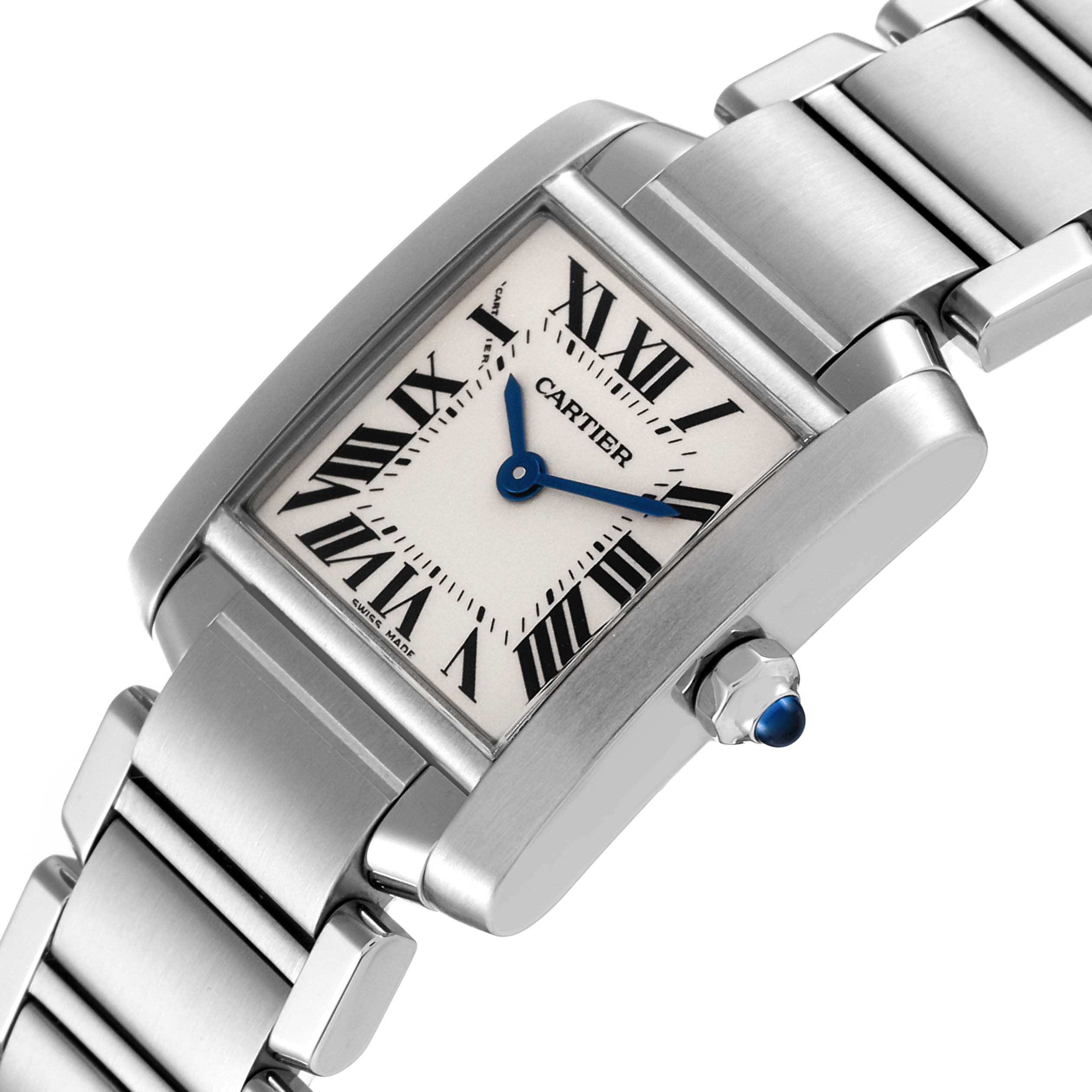 This image shows a close-up angle of the Cartier Tank Francaise W51008Q3 Women's Stainless Steel Silver Dial W51008Q3 Women's Stainless Steel Silver Dial watch featuring its dial, crown, and part of the bracelet.