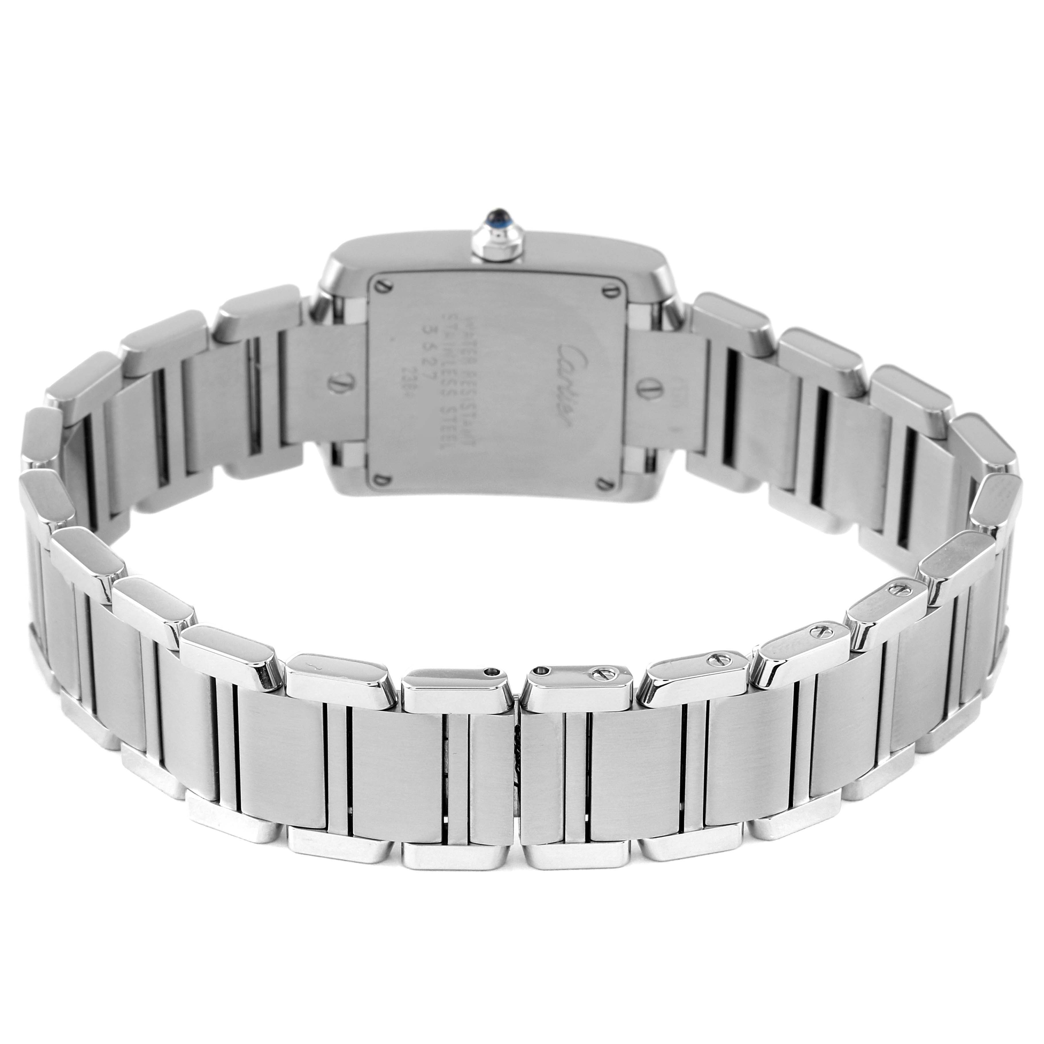 This image shows the back case and bracelet of the Cartier Tank Francaise W51008Q3 Women's Stainless Steel Silver Dial W51008Q3 Women's Stainless Steel Silver Dial watch from a rear angle.