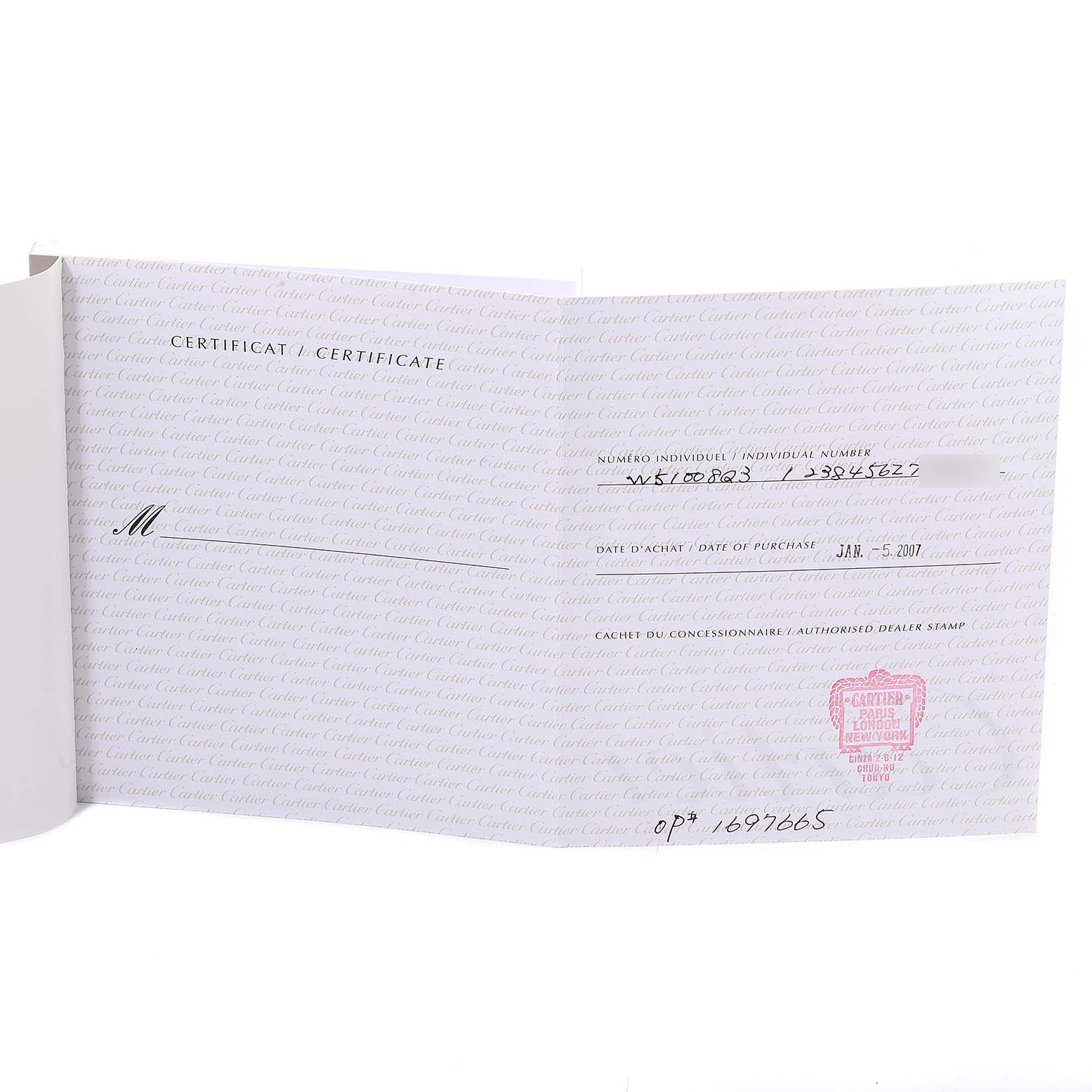 The image shows the certificate of authenticity document for a Cartier Tank Francaise W51008Q3 Women's Stainless Steel Silver Dial W51008Q3 Women's Stainless Steel Silver Dial watch.