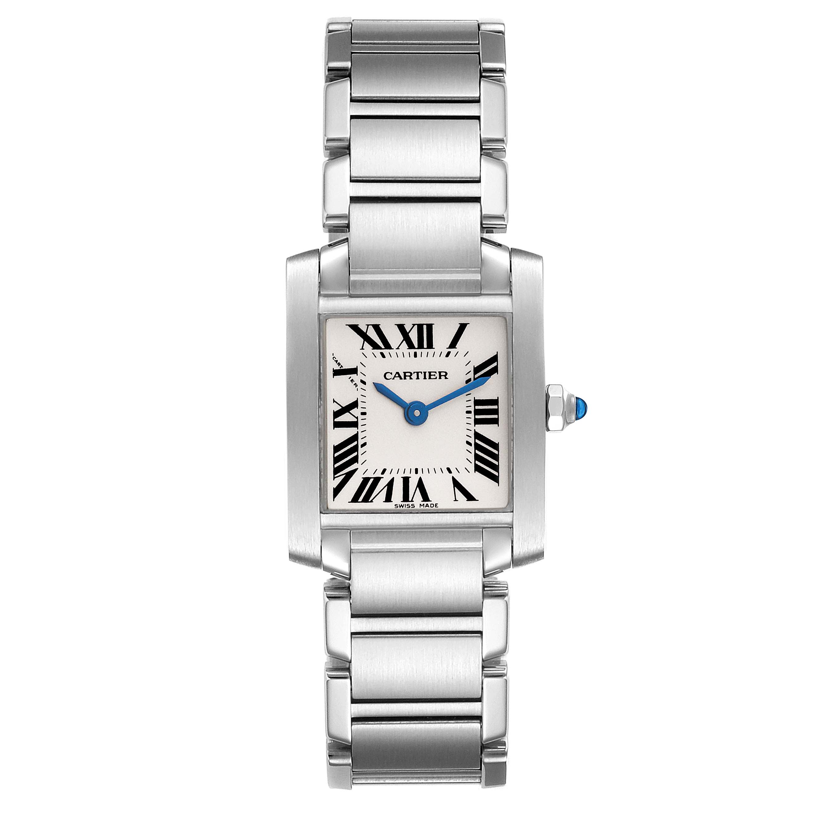 The image shows a head-on view of a Cartier Tank Française watch, highlighting its face and metal bracelet.