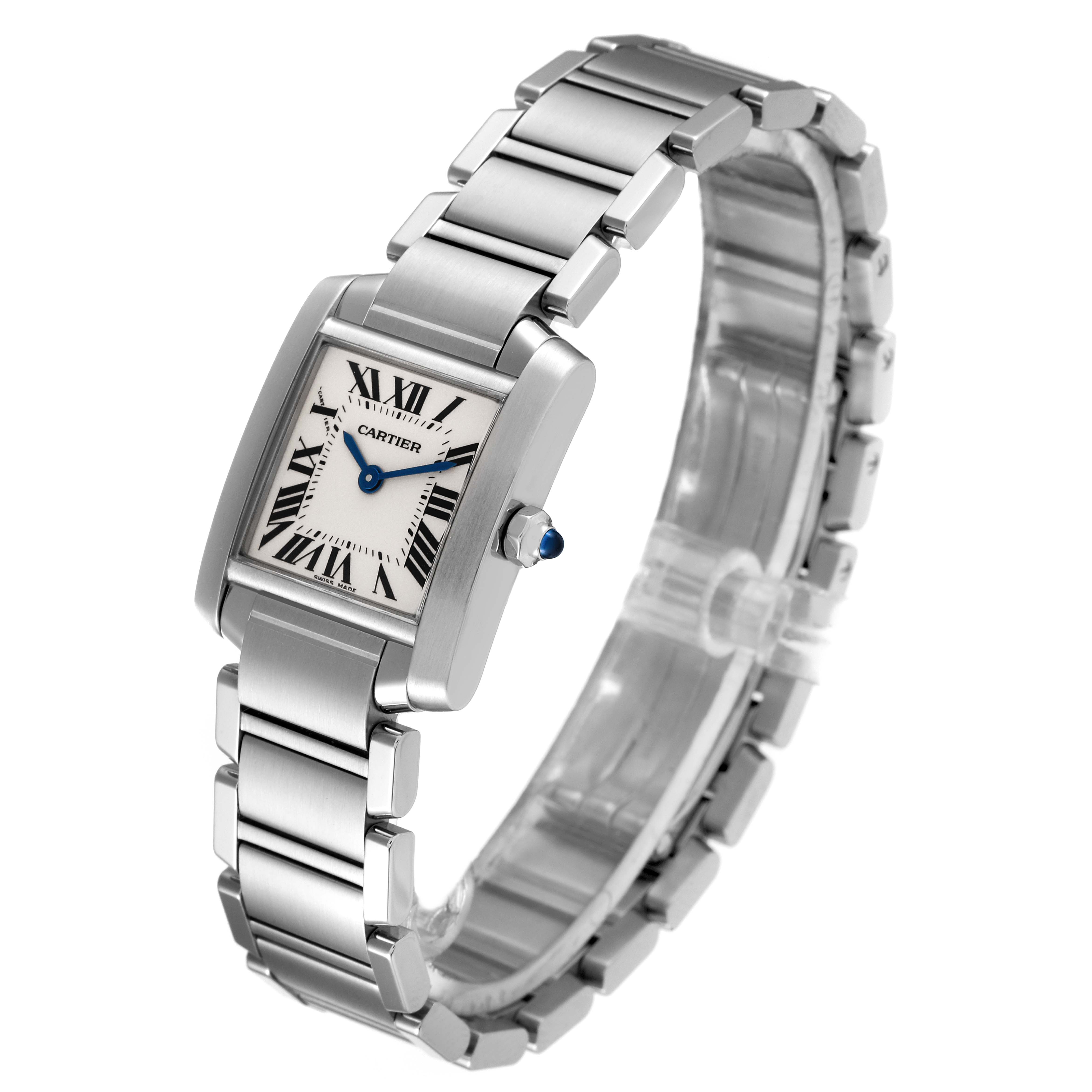 The Cartier Tank Francaise W51008Q3 Women's Stainless Steel Silver Dial W51008Q3 Women's Stainless Steel Silver Dial watch is shown at a slight angle, revealing the face, bracelet, and crown.
