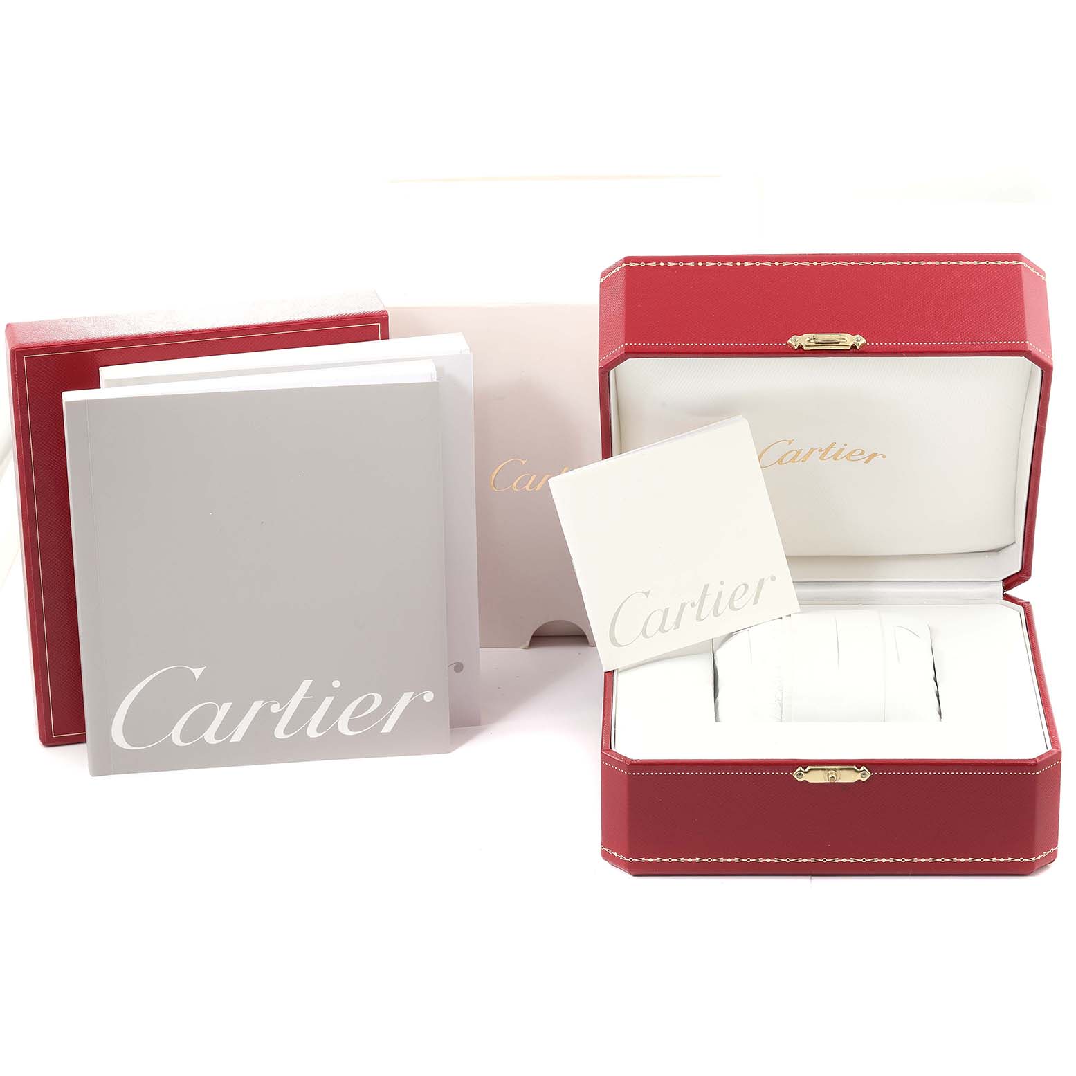 The image shows a Cartier Tank Française watch box, manual, and authentication card from a side angle.
