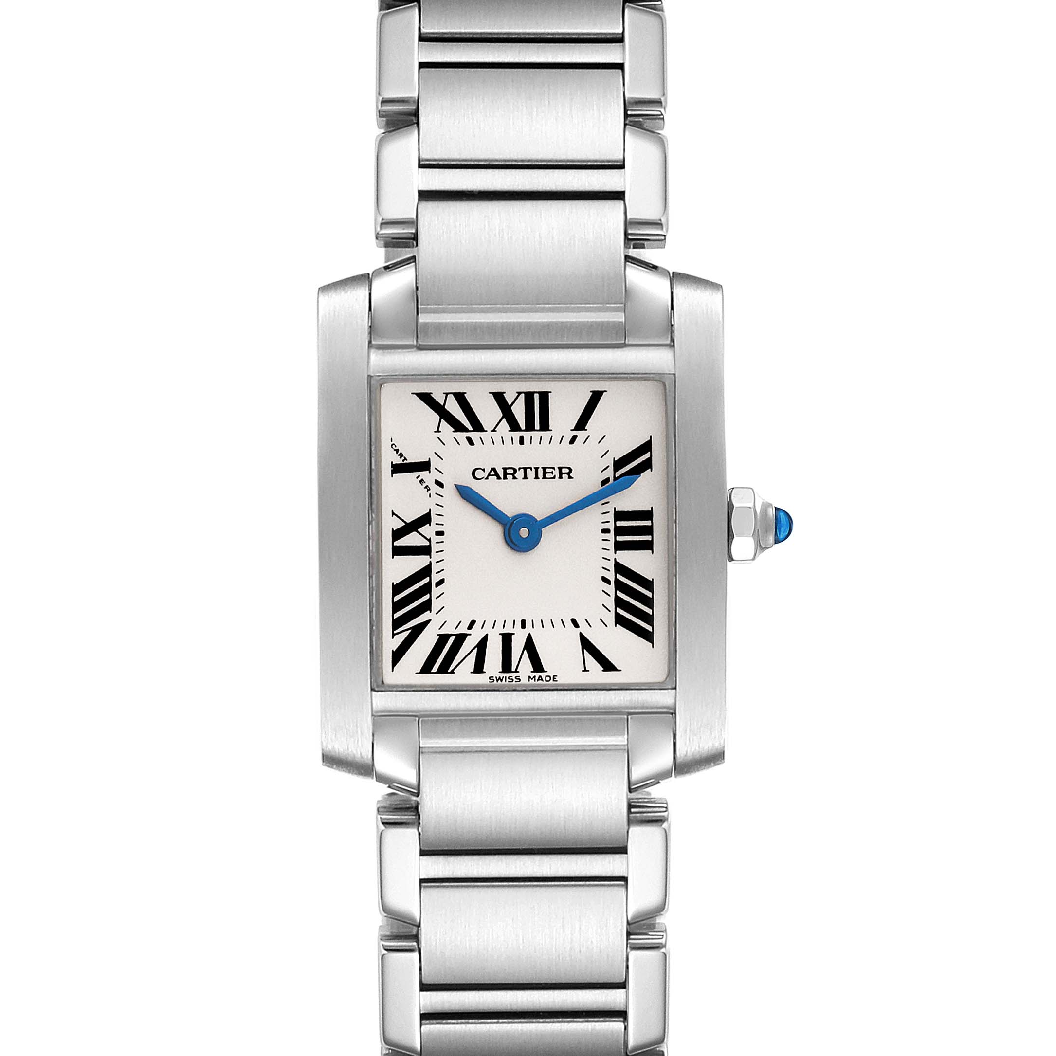 This image shows a Cartier Tank Francaise W51008Q3 Women's Stainless Steel Silver Dial W51008Q3 Women's Stainless Steel Silver Dial watch front view with a silver bracelet and rectangular dial.