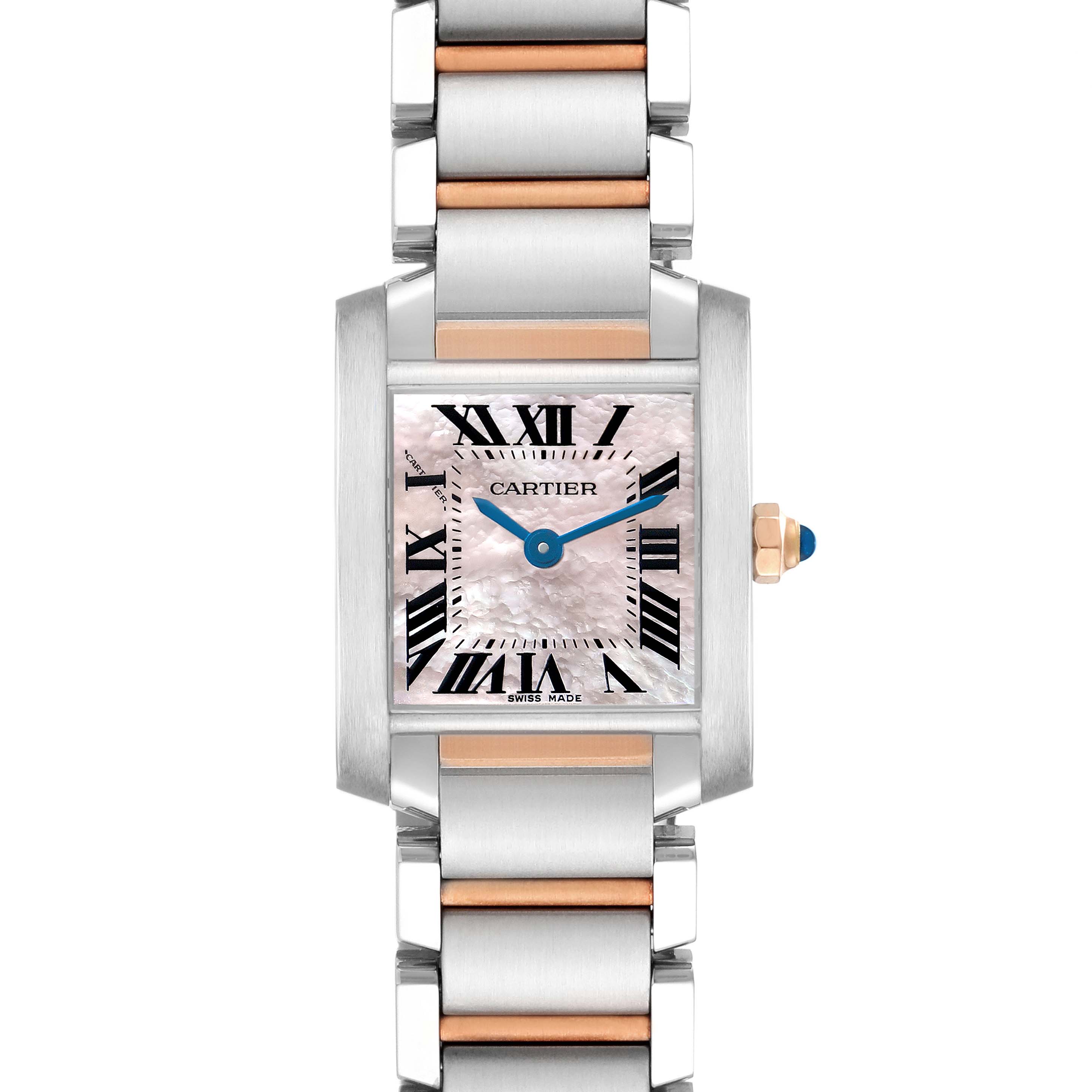 The Cartier Tank Francaise W51027Q4 Women's Steel and Gold (two tone) Mother of Pearl Dial watch is shown from the front, displaying its face, hands, bracelet, and crown.
