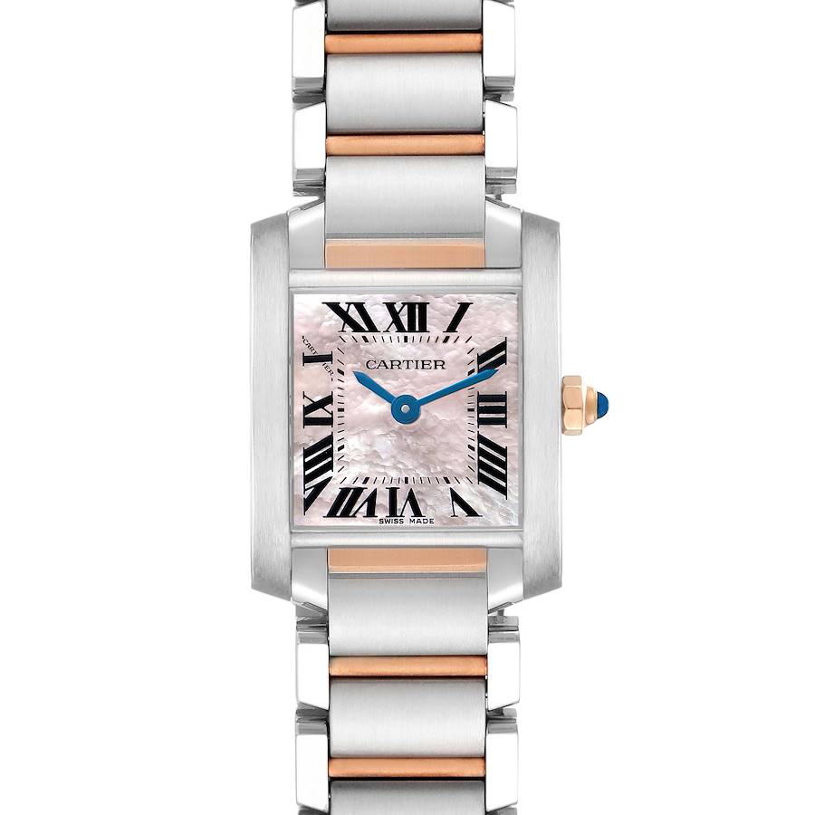 The Cartier Tank Francaise W51027Q4 Women's Steel and Gold (two tone) Mother of Pearl Dial watch is shown from the front, displaying its face, hands, bracelet, and crown.