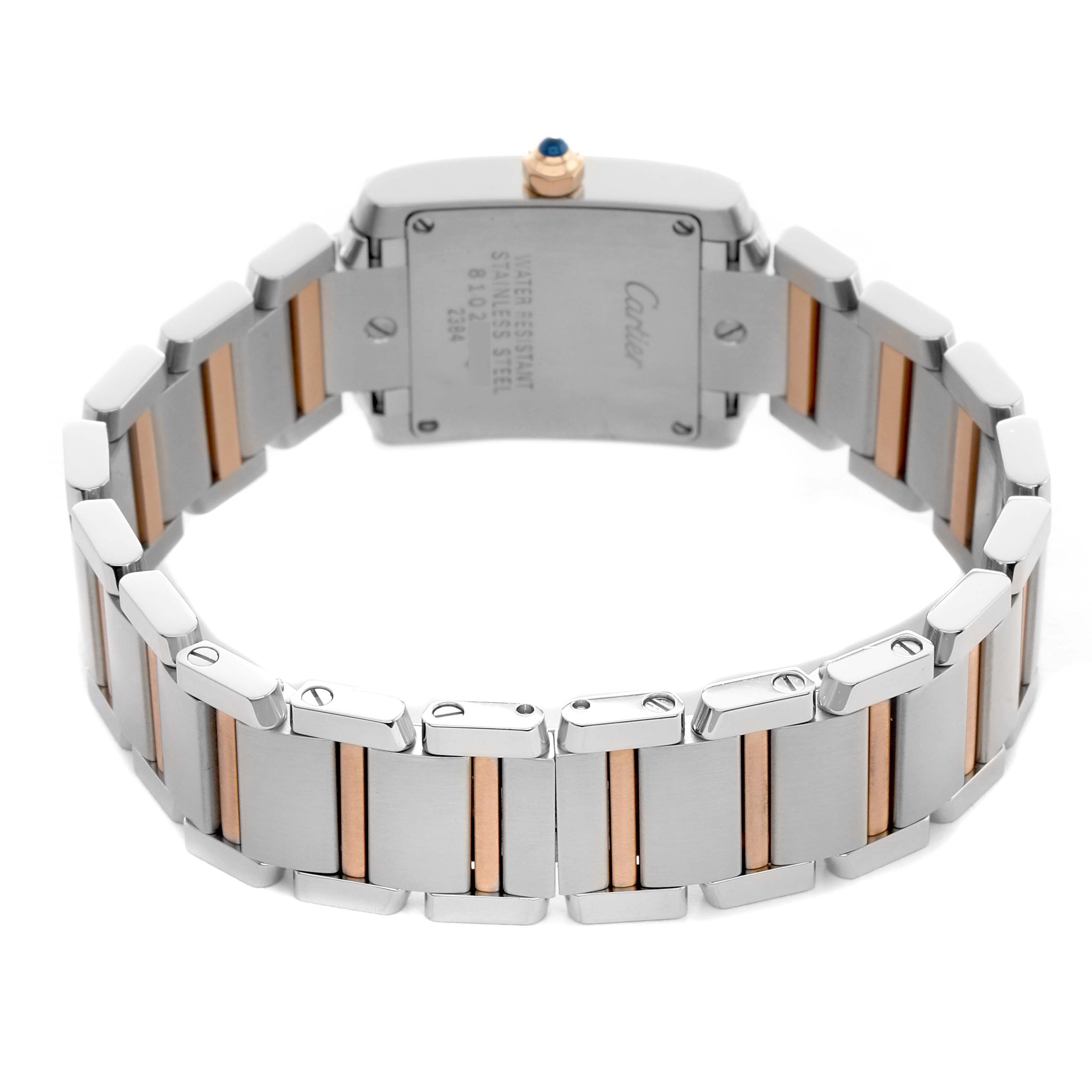 The Cartier Tank Francaise W51027Q4 Women's Steel and Gold (two tone) Mother of Pearl Dial watch is shown from the back, displaying its case back and metal bracelet links.