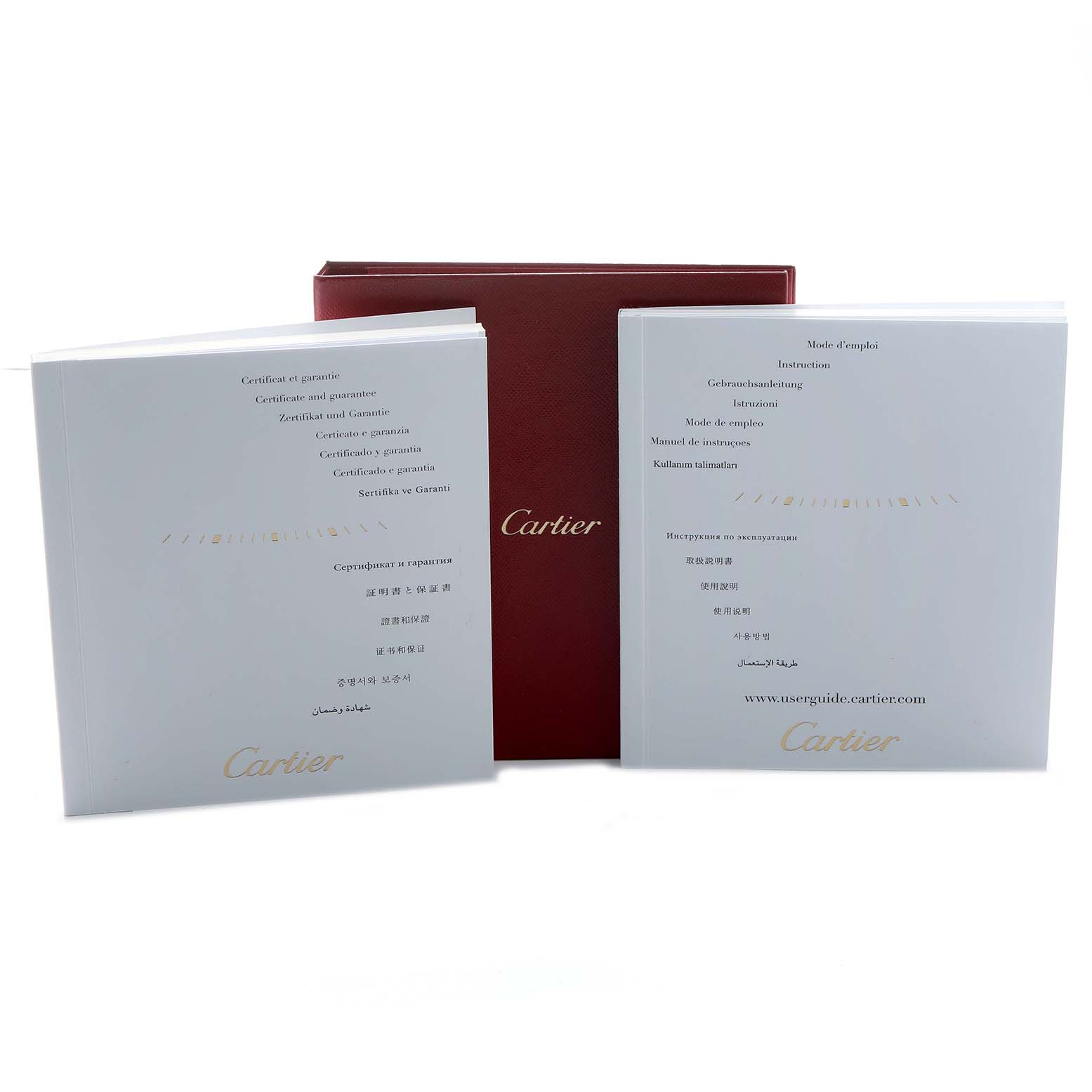 The image shows a Cartier Tank Francaise W51027Q4 Women's Steel and Gold (two tone) Mother of Pearl Dial box with certificates and instructions in a standing, open position.