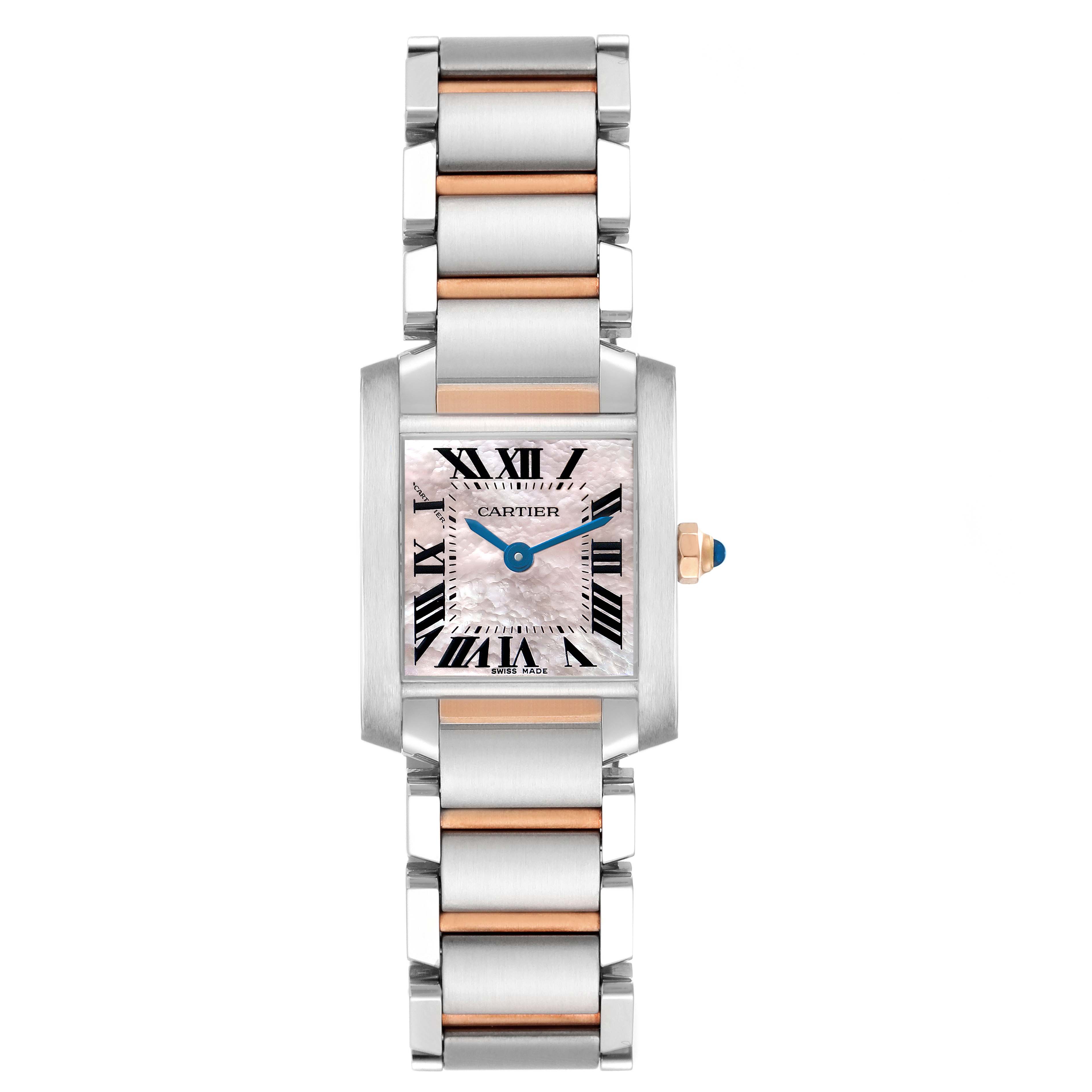 The Cartier Tank Française watch is shown from a front angle, highlighting its square face and bi-metal bracelet.
