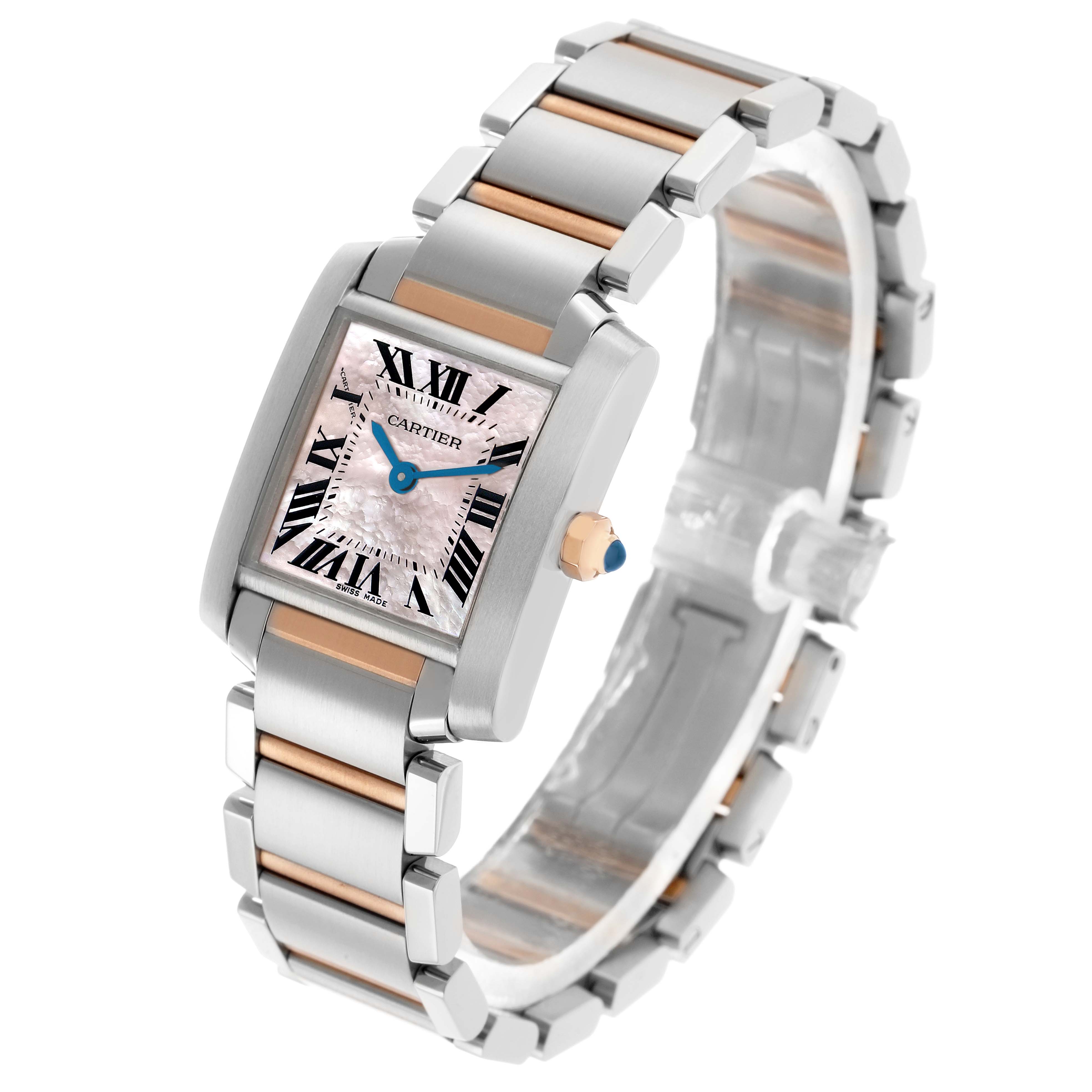 The Cartier Tank Francaise W51027Q4 Women's Steel and Gold (two tone) Mother of Pearl Dial watch is shown at an angled view, highlighting the face, bracelet, and side crown.