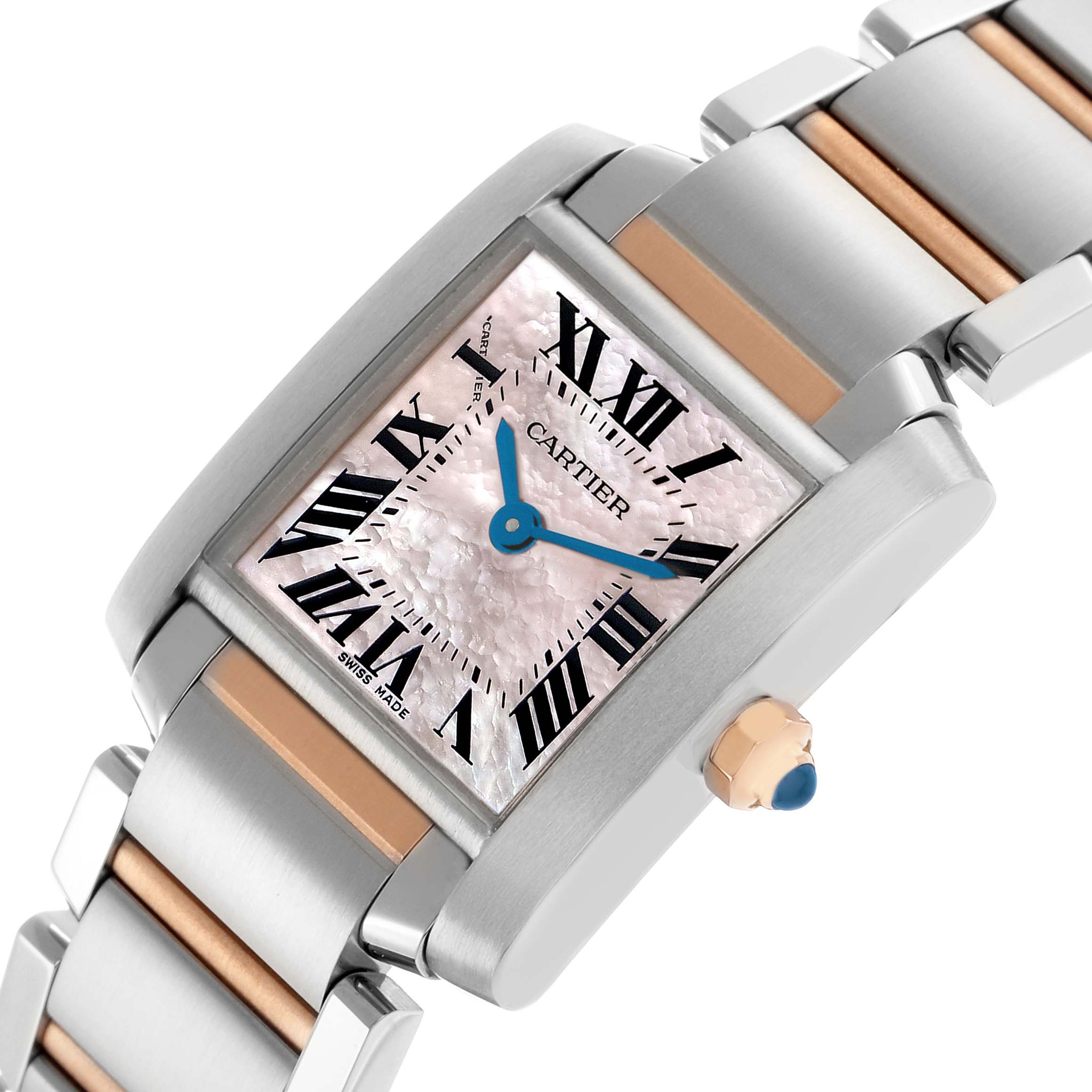 The Cartier Tank Francaise W51027Q4 Women's Steel and Gold (two tone) Mother of Pearl Dial watch is shown at an angled view, highlighting its face, crown, and two-tone bracelet.