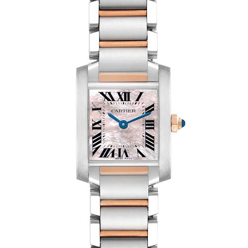 The Cartier Tank Francaise W51027Q4 Women's Steel and Gold (two tone) Mother of Pearl Dial watch is shown from the front, highlighting the face, Roman numerals, and two-tone bracelet.