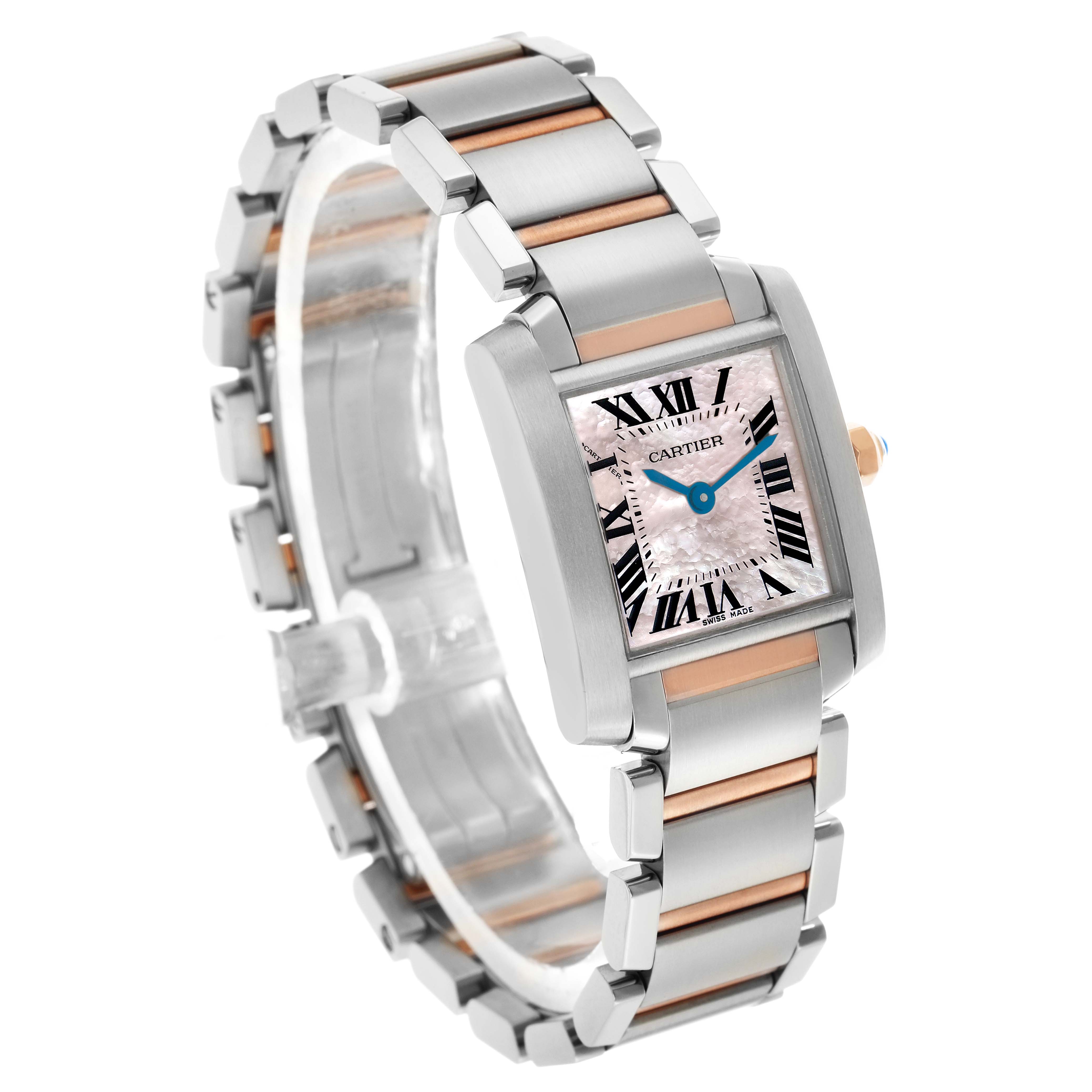 The Cartier Tank Française watch is shown at a front-left angle, highlighting its rectangular case and metal bracelet.
