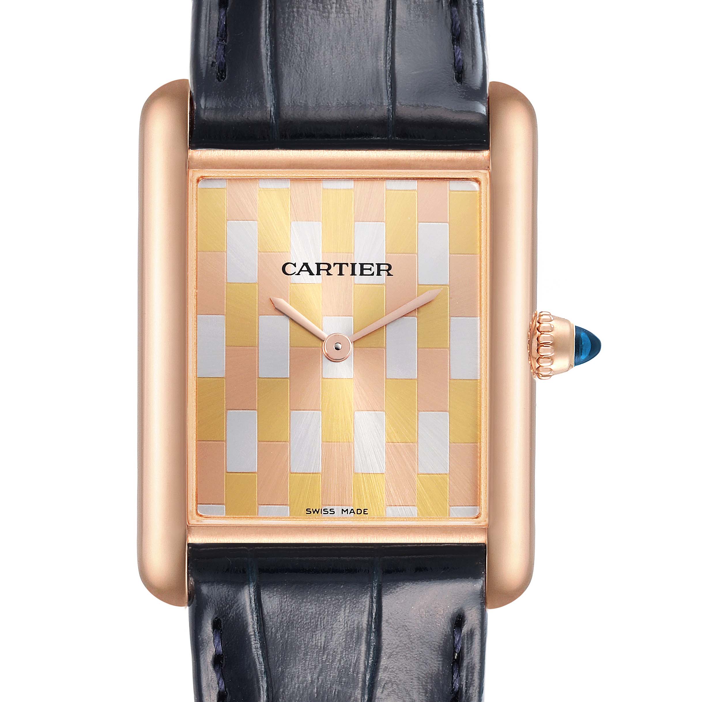 The Cartier Tank Louis WGTA0176 Men's Rose Gold Champagne Dial WGTA0176 Men's Rose Gold Champagne Dial watch is shown from the front, highlighting the face, crown, and black leather strap.