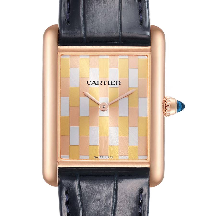 The Cartier Tank Louis watch is shown from the front, highlighting the face, crown, and black leather strap.