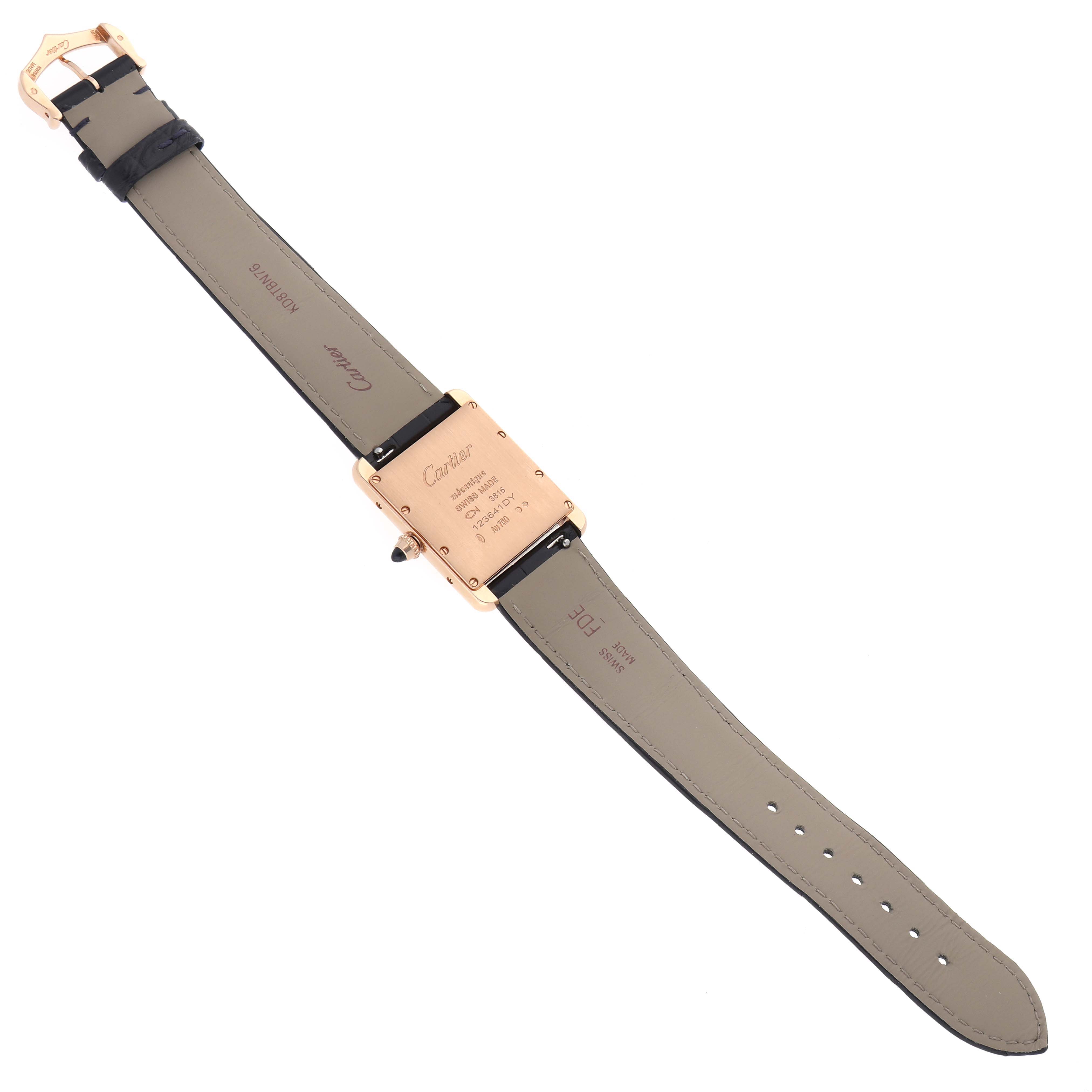 The image shows the back of the Cartier Tank Louis WGTA0176 Men's Rose Gold Champagne Dial WGTA0176 Men's Rose Gold Champagne Dial watch, highlighting the case back and the strap.