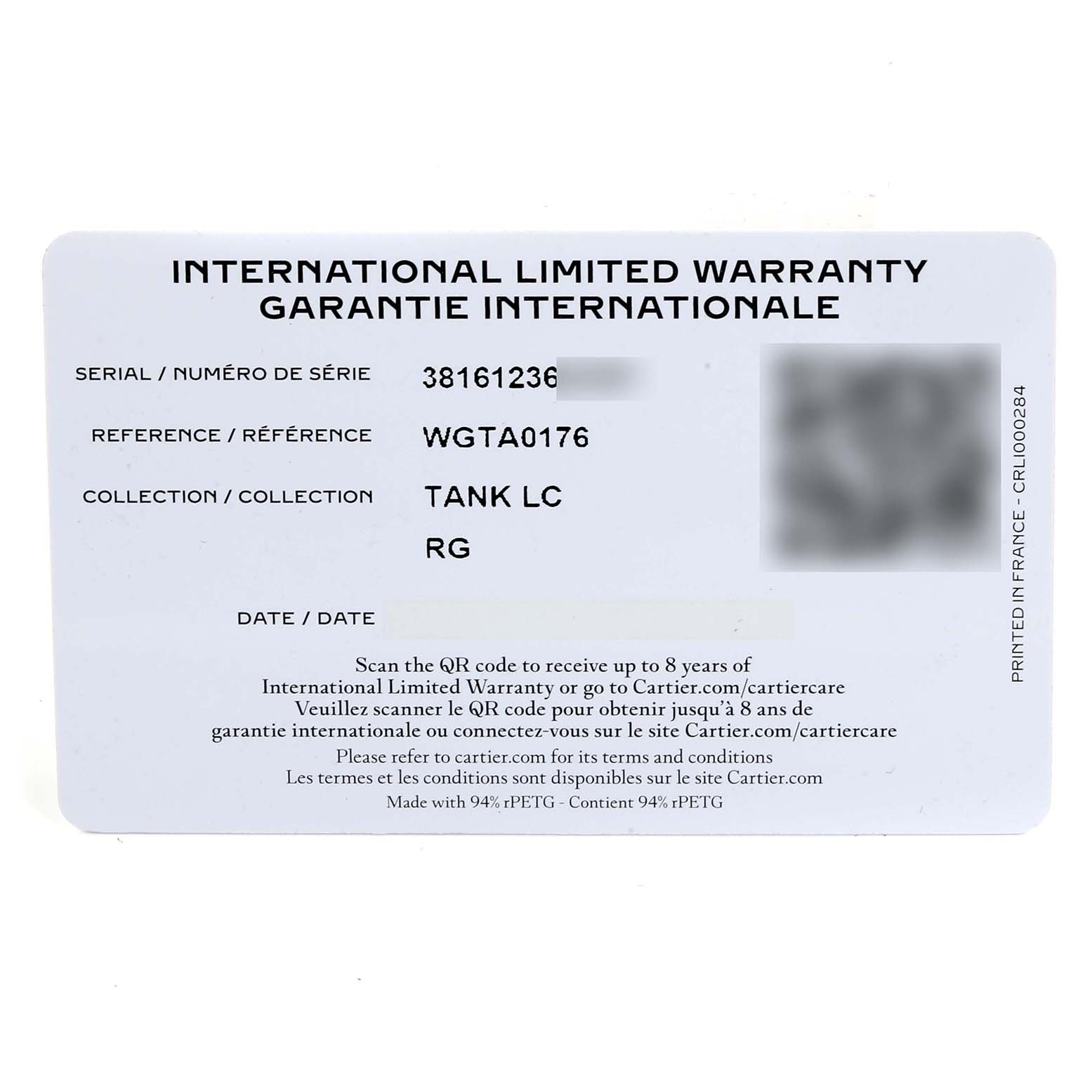 This image shows the warranty card for the Cartier Tank Louis WGTA0176 Men's Rose Gold Champagne Dial WGTA0176 Men's Rose Gold Champagne Dial model watch, displaying serial and reference numbers.