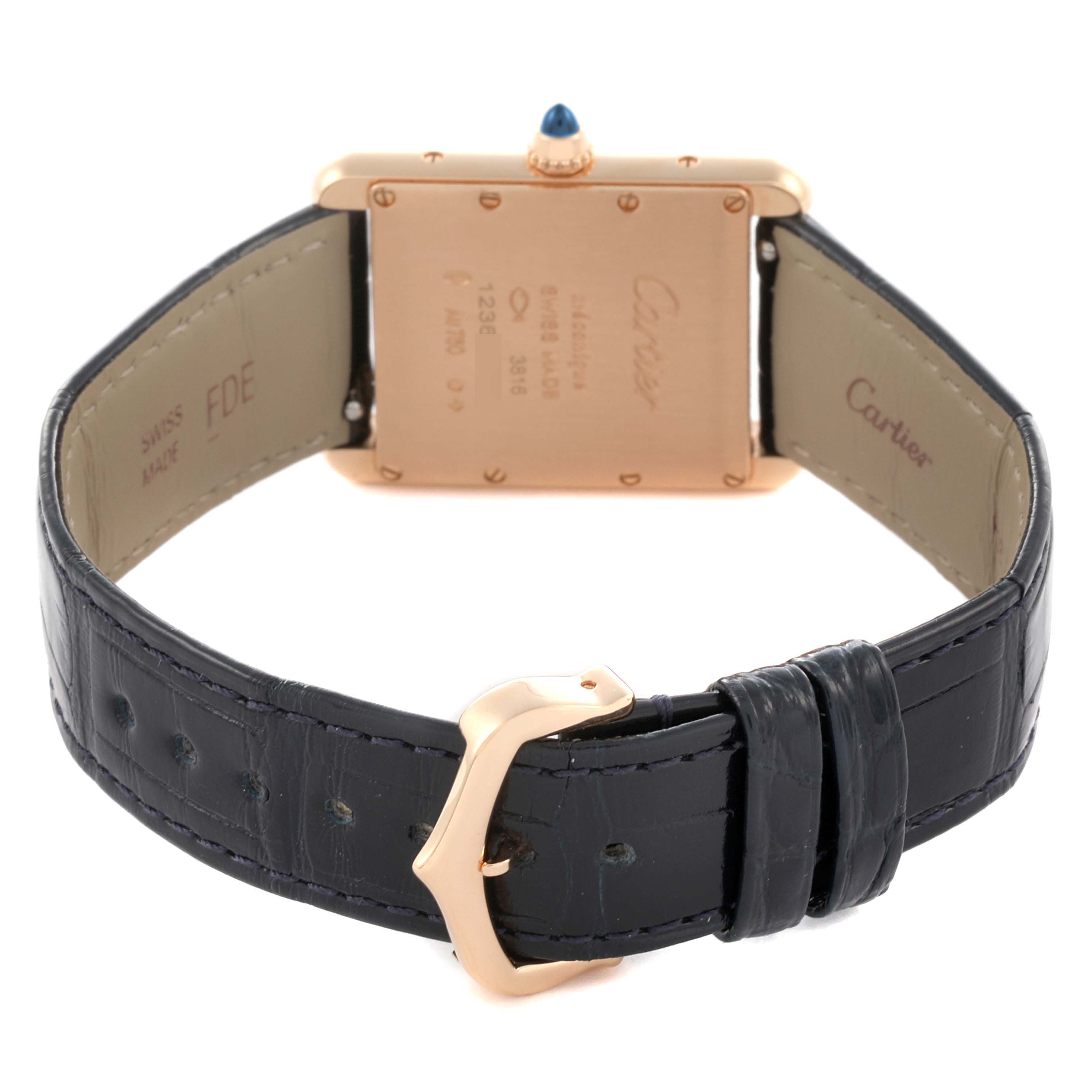 The image shows the back case and strap of the Cartier Tank Louis WGTA0176 Men's Rose Gold Champagne Dial WGTA0176 Men's Rose Gold Champagne Dial watch, highlighting the buckle and leather strap.