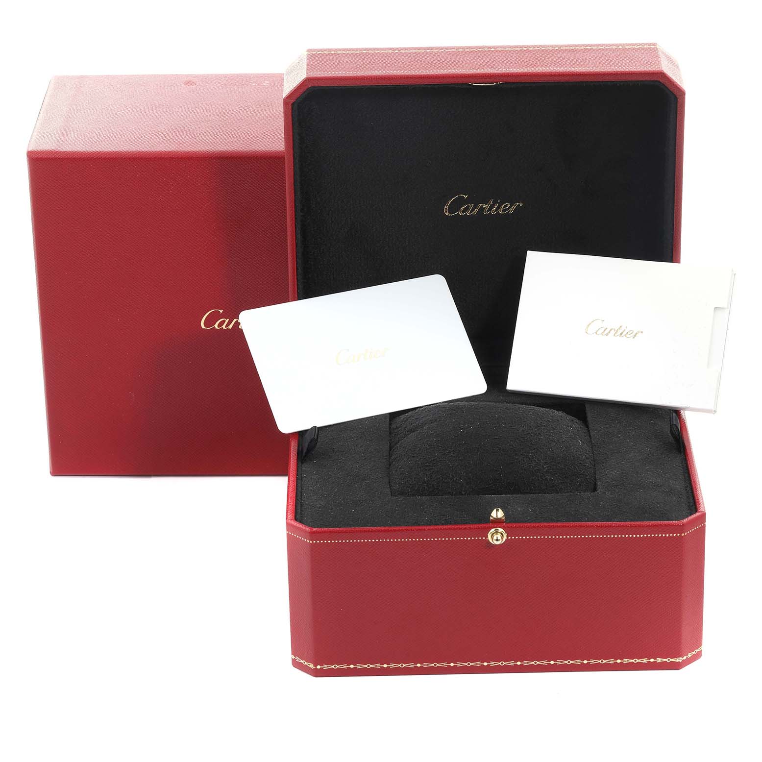 The image shows the Cartier Tank Louis WGTA0176 Men's Rose Gold Champagne Dial WGTA0176 Men's Rose Gold Champagne Dial watch box, with two cards inside and the logo visible.