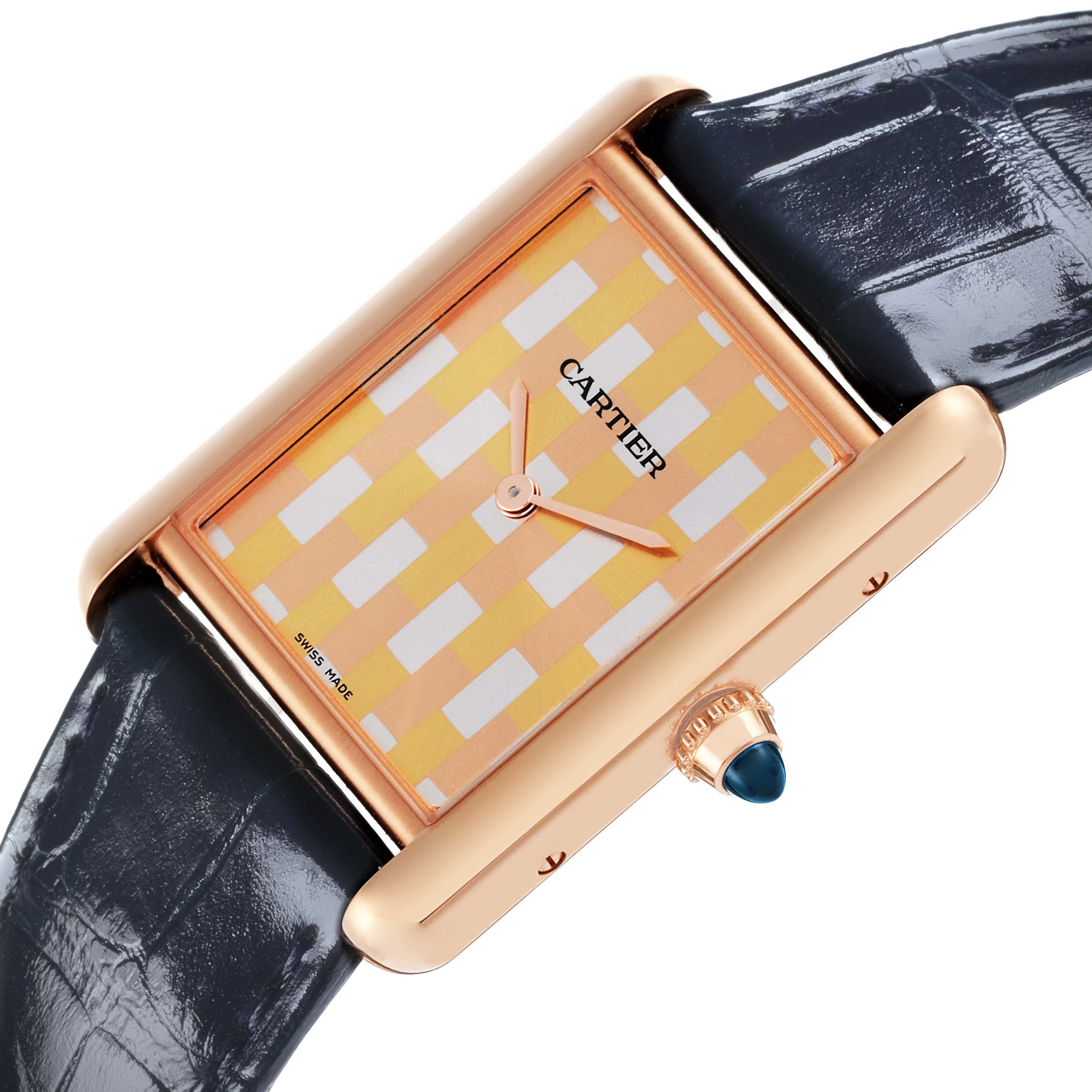 The Cartier Tank Louis WGTA0176 Men's Rose Gold Champagne Dial WGTA0176 Men's Rose Gold Champagne Dial watch is shown at an angle highlighting the dial, case, crown, and part of the leather strap.