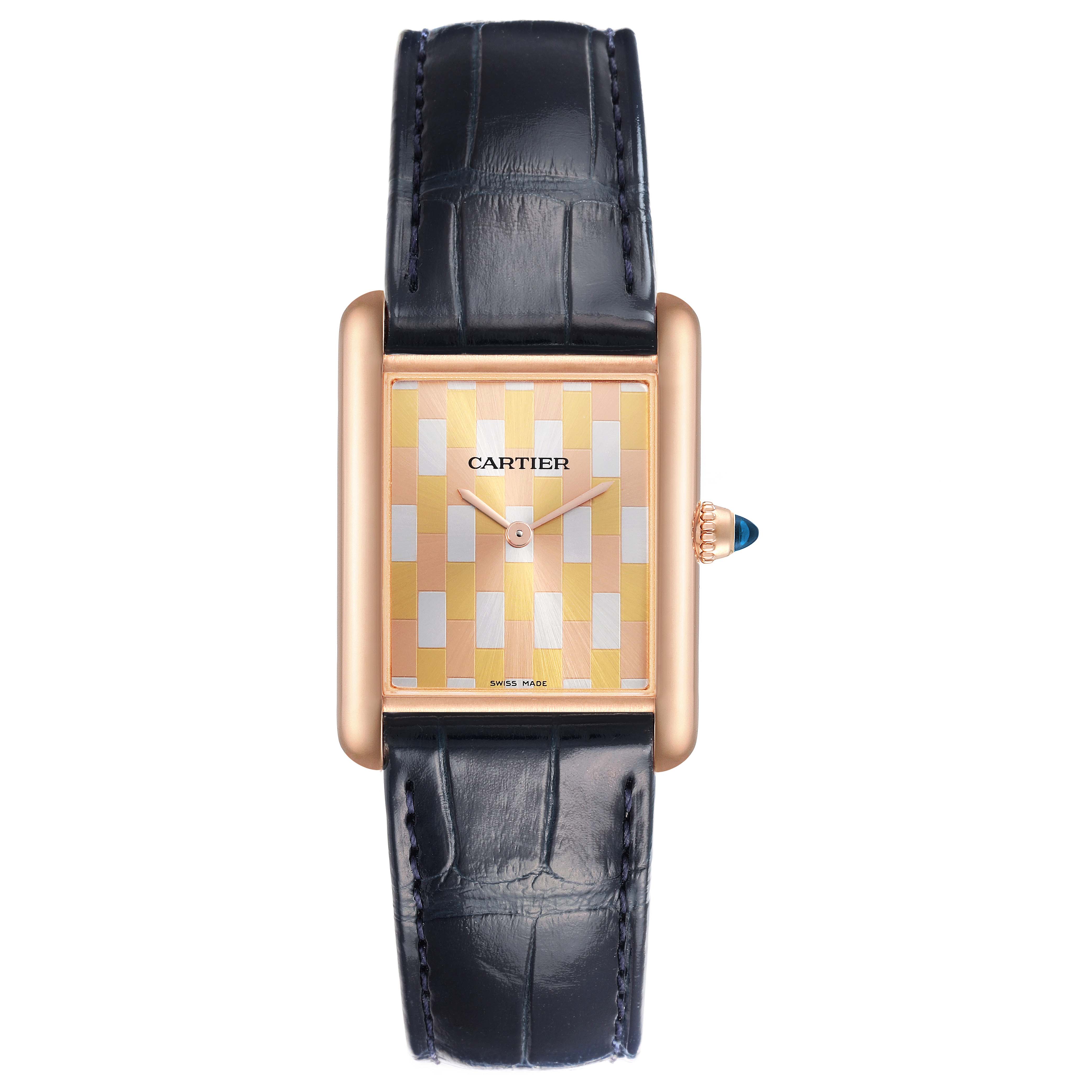 The Cartier Tank Louis WGTA0176 Men's Rose Gold Champagne Dial WGTA0176 Men's Rose Gold Champagne Dial watch is shown from a front angle, displaying the face, strap, and crown.