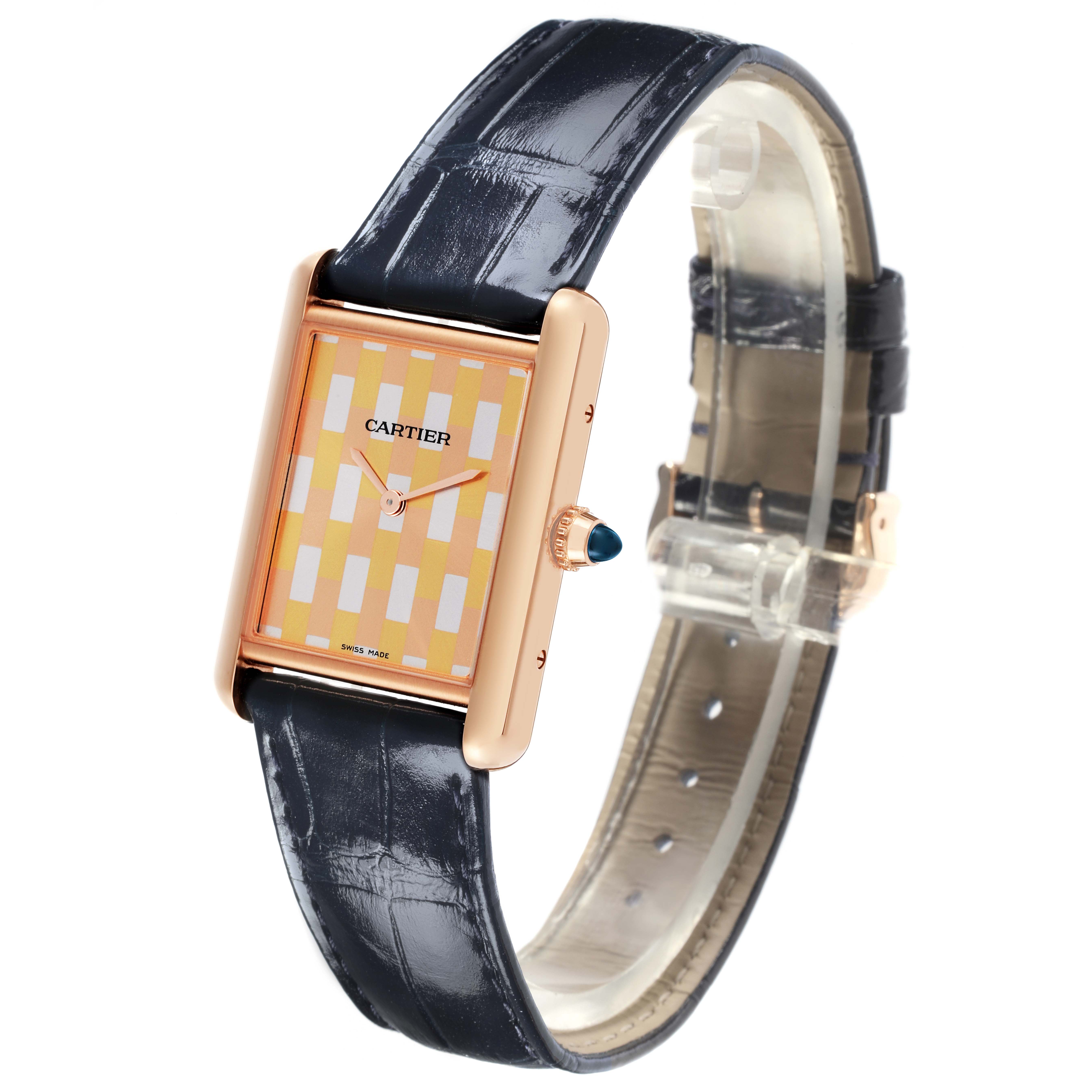 The Cartier Tank Louis WGTA0176 Men's Rose Gold Champagne Dial WGTA0176 Men's Rose Gold Champagne Dial watch is shown at a three-quarter angle, highlighting its rectangular face, leather strap, and crown.