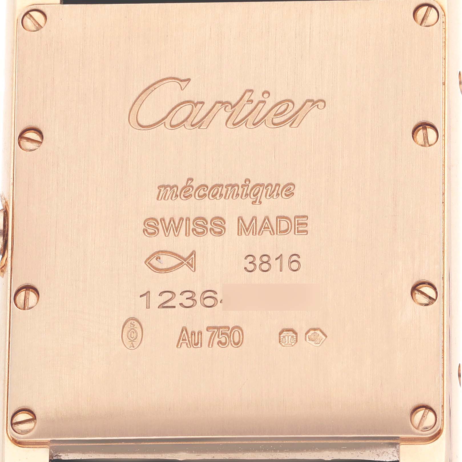 The image shows the back case of the Cartier Tank Louis WGTA0176 Men's Rose Gold Champagne Dial WGTA0176 Men's Rose Gold Champagne Dial watch, displaying engravings and screw details.