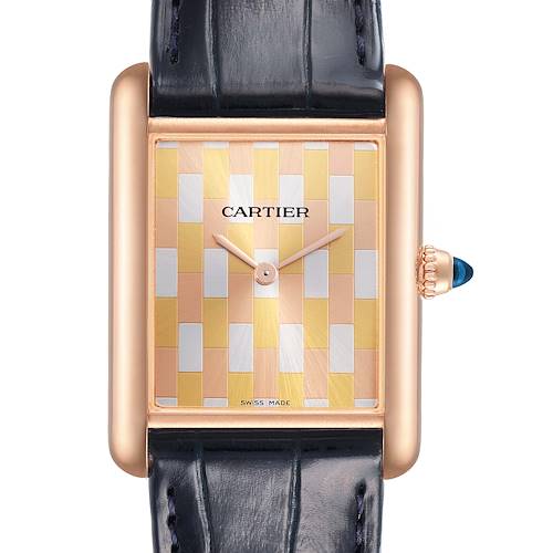 The Cartier Tank Louis watch is shown from the front, displaying its dial, hands, and part of the strap.