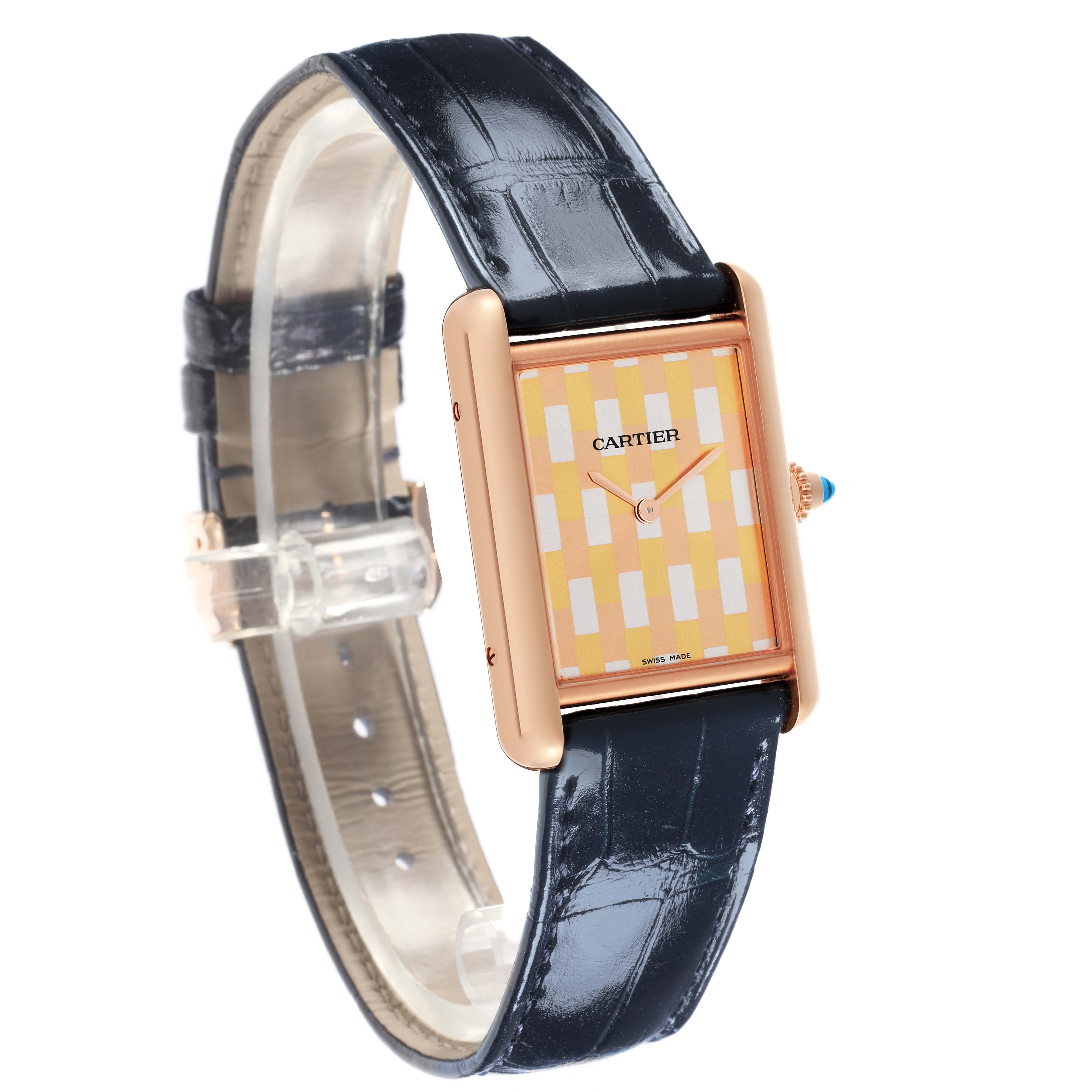 The Cartier Tank Louis WGTA0176 Men's Rose Gold Champagne Dial WGTA0176 Men's Rose Gold Champagne Dial watch is shown at an angled side view, displaying the face, strap, and crown.