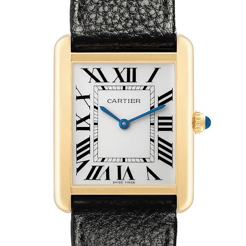 The Cartier Tank Solo W5200004 Men's Steel and Gold (two tone) Silver Dial watch is shown from the front, highlighting the rectangular dial, Roman numerals, and leather strap.
