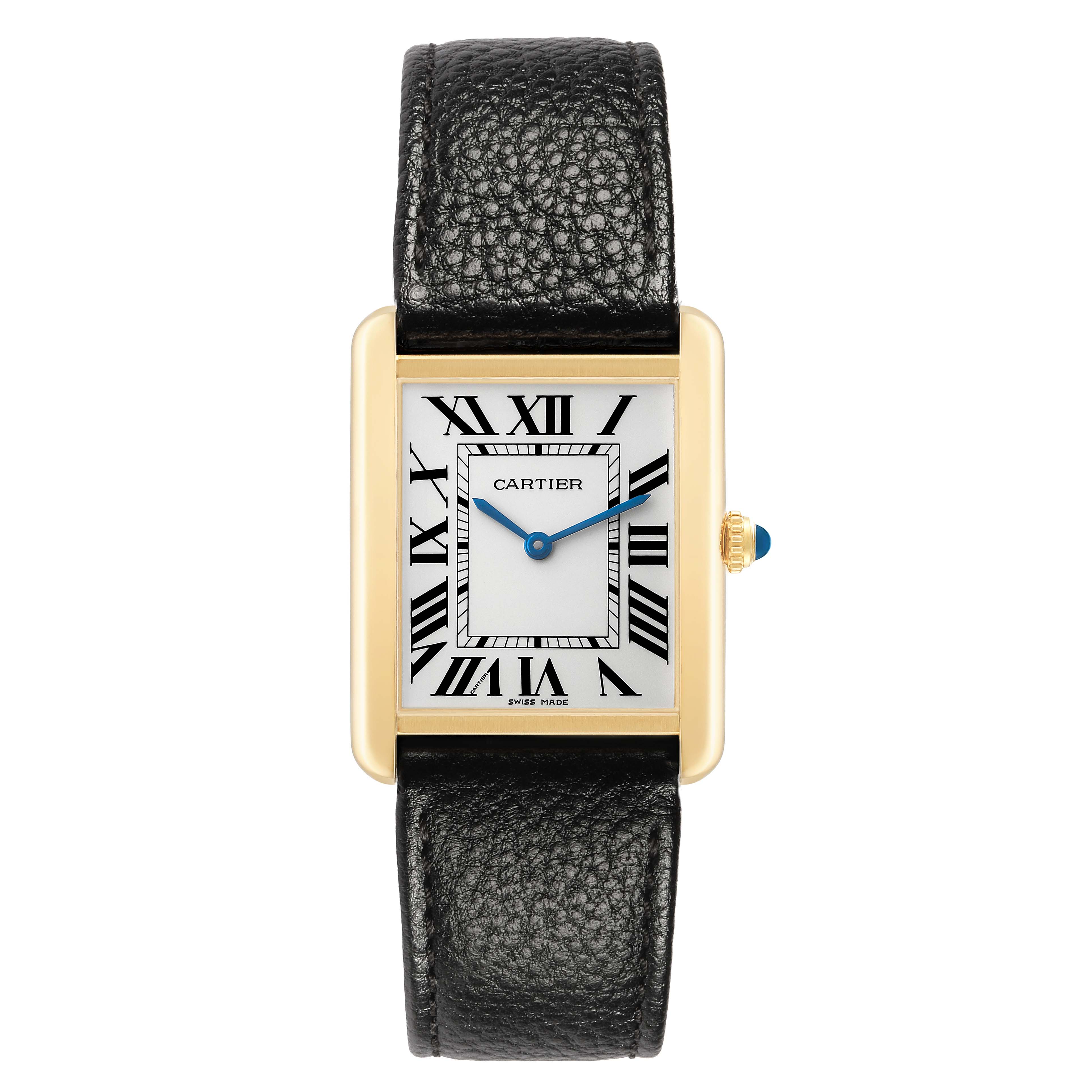 The Cartier Tank Solo W5200004 Men's Steel and Gold (two tone) Silver Dial watch is shown from a top view, displaying its face, leather strap, and crown with a blue cabochon.
