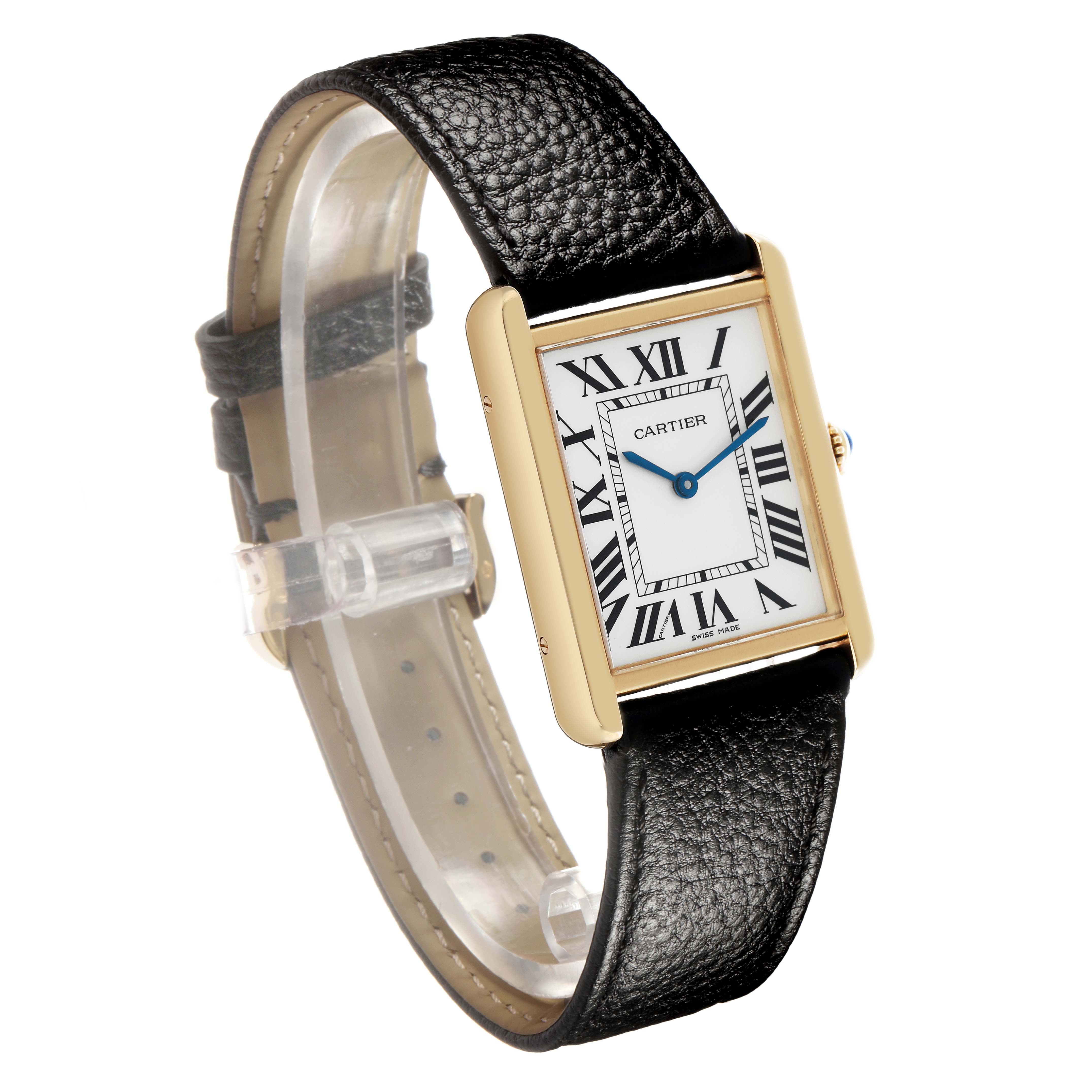 The Cartier Tank Solo W5200004 Men's Steel and Gold (two tone) Silver Dial watch is shown at a three-quarter angle, displaying its rectangular face, gold-toned case, leather strap, and Roman numerals.