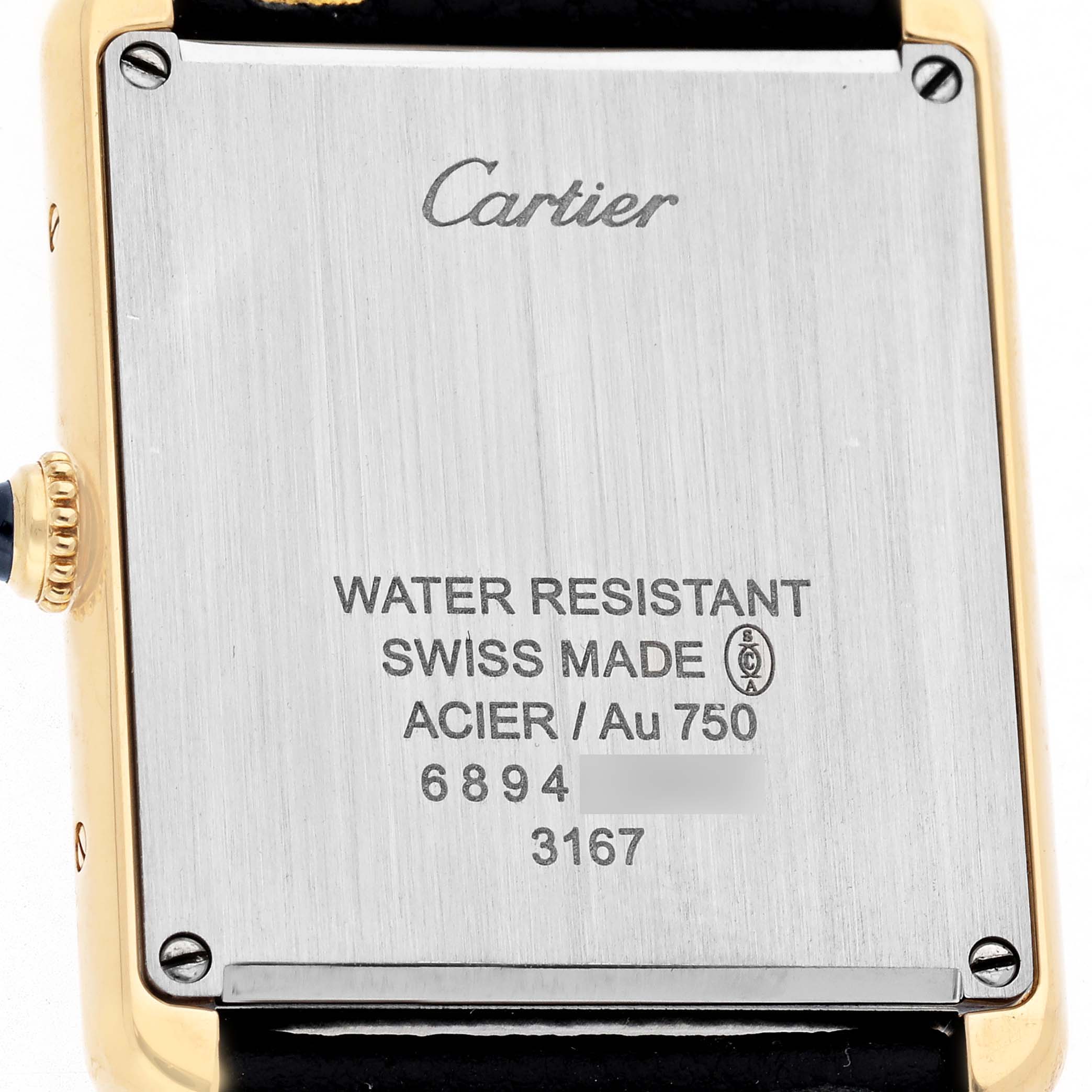 The image shows the back of a Cartier Tank Solo W5200004 Men's Steel and Gold (two tone) Silver Dial watch, highlighting its case back details and water resistance markings.
