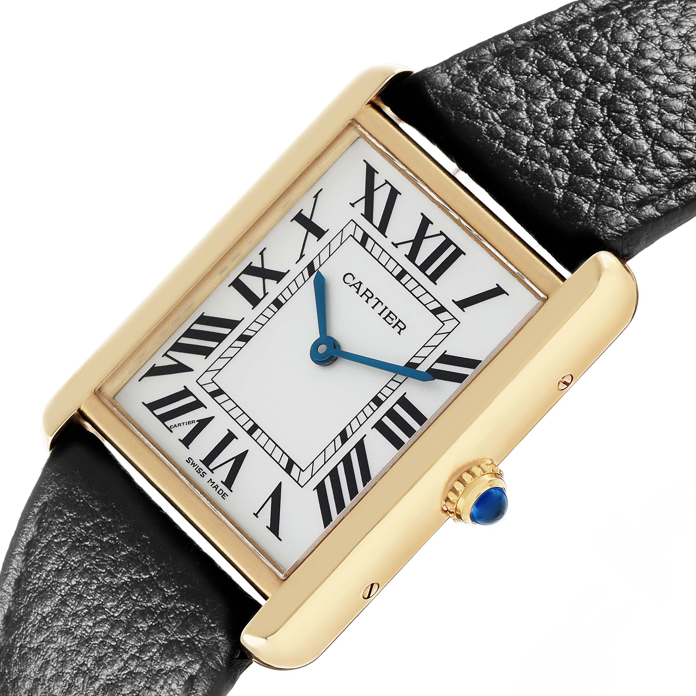 The Cartier Tank Solo W5200004 Men's Steel and Gold (two tone) Silver Dial watch is shown at an angle highlighting the rectangular face, Roman numerals, and the crown with a blue gem.