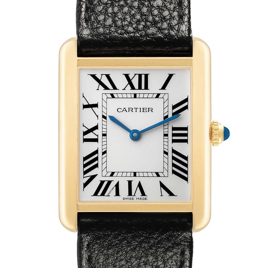 The Cartier Tank Solo W5200004 Men's Steel and Gold (two tone) Silver Dial watch is shown in a close-up front view, highlighting its gold bezel, Roman numerals, and black leather strap.