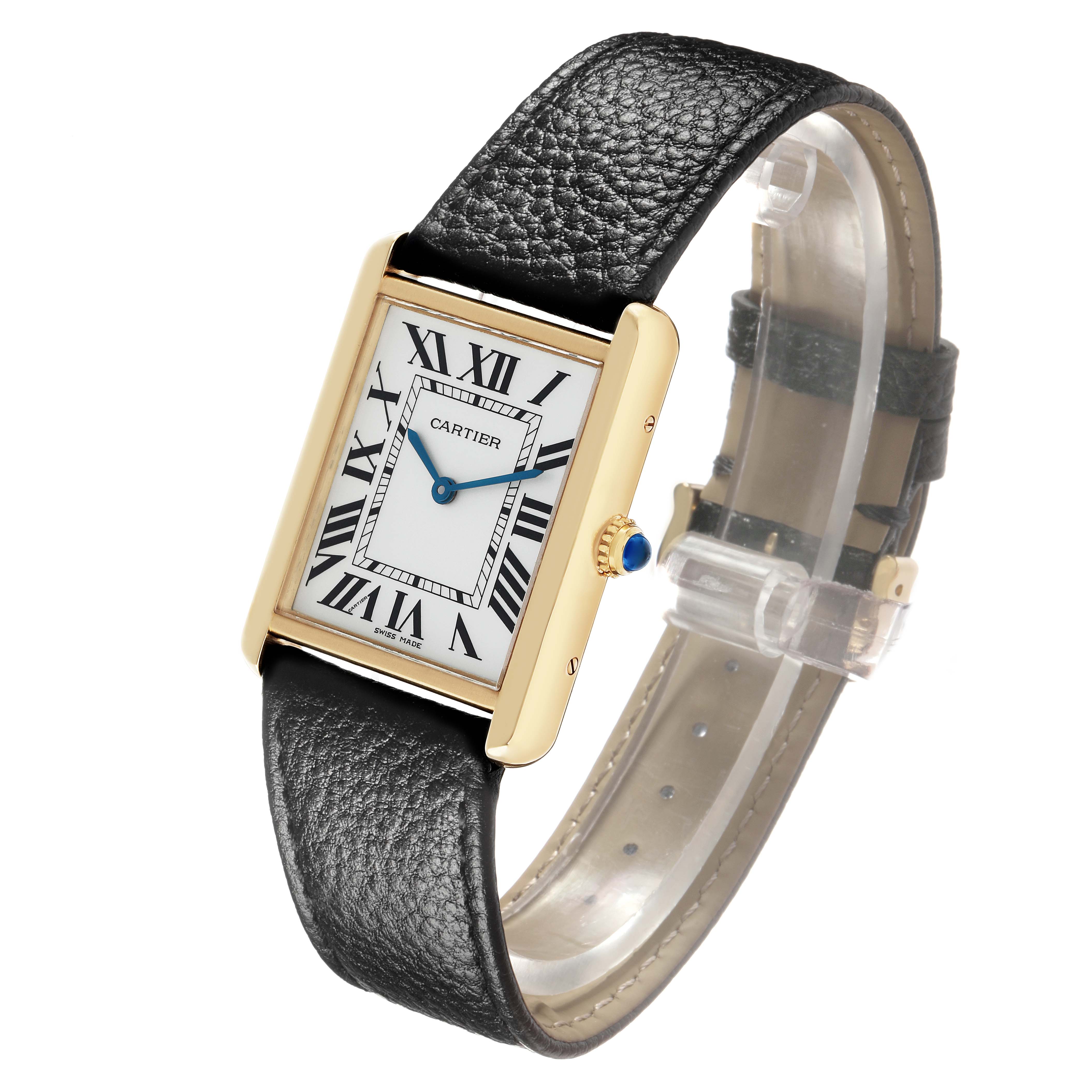 The Cartier Tank Solo W5200004 Men's Steel and Gold (two tone) Silver Dial watch is shown at a three-quarter angle, highlighting its face, bezel, crown, and leather strap.