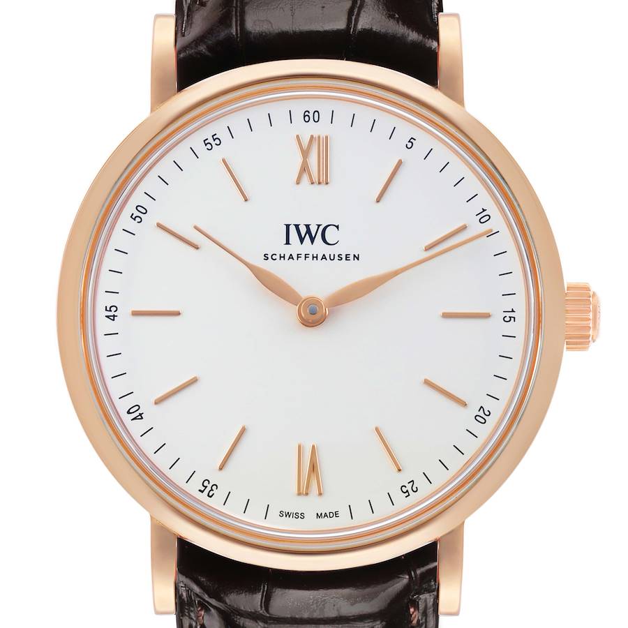 The IWC Portofino IW511101 Men's Rose Gold Silver Dial watch is shown from the front, displaying the dial, hands, indices, and crown.