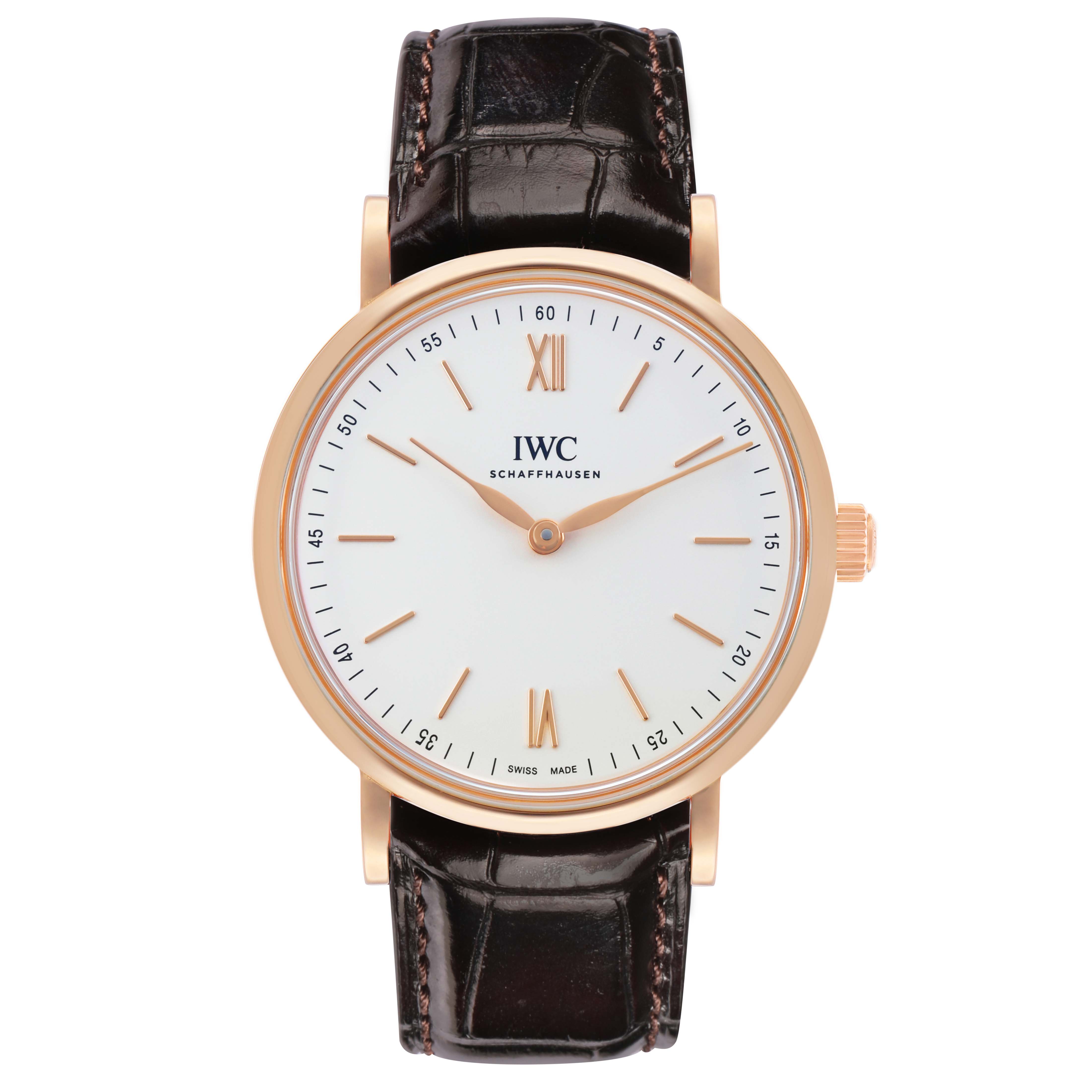 The IWC Portofino IW511101 Men's Rose Gold Silver Dial watch is shown from a front view, highlighting its dial, case, and leather strap.