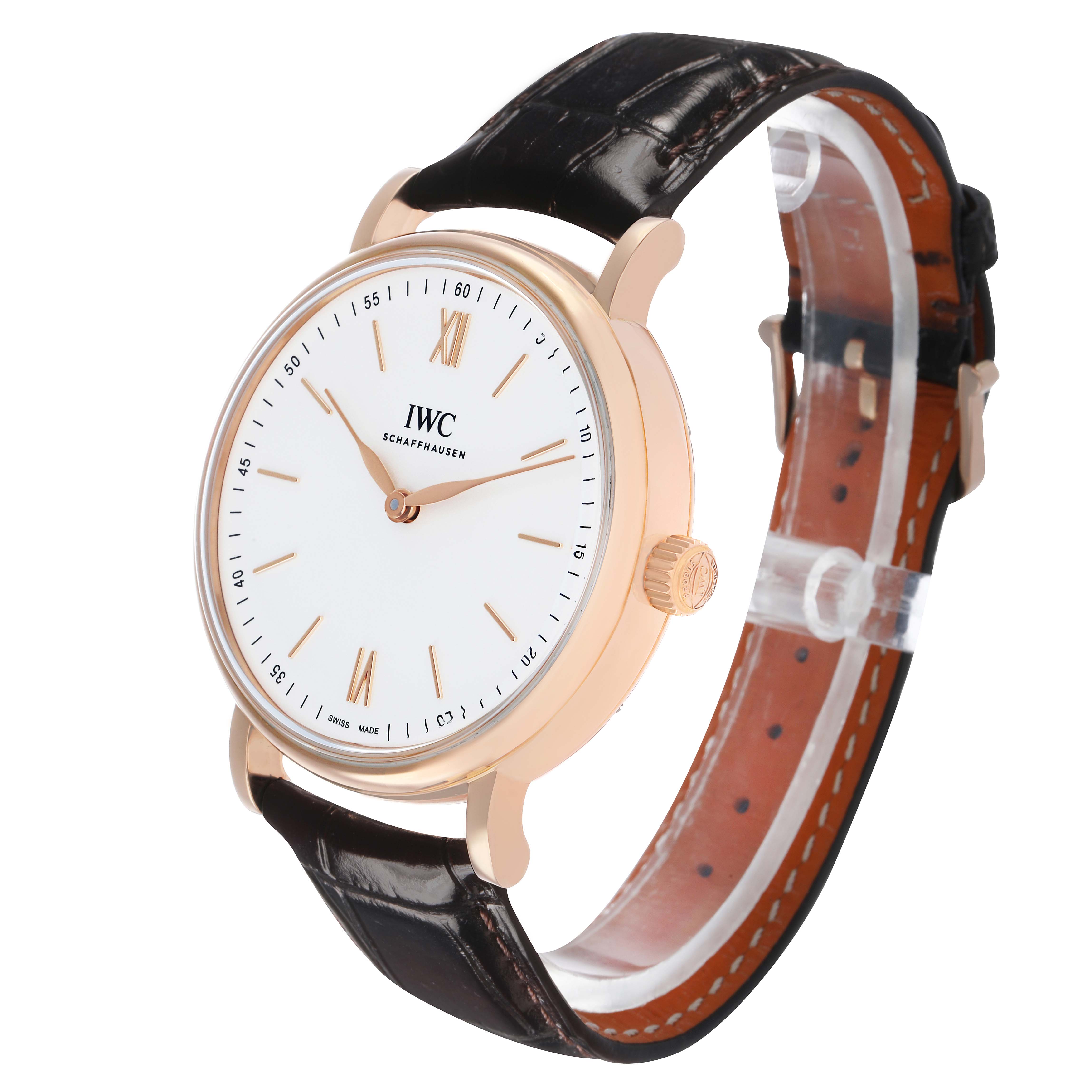 The IWC Portofino IW511101 Men's Rose Gold Silver Dial watch is shown at a three-quarter angle, displaying the dial, case, crown, and strap.